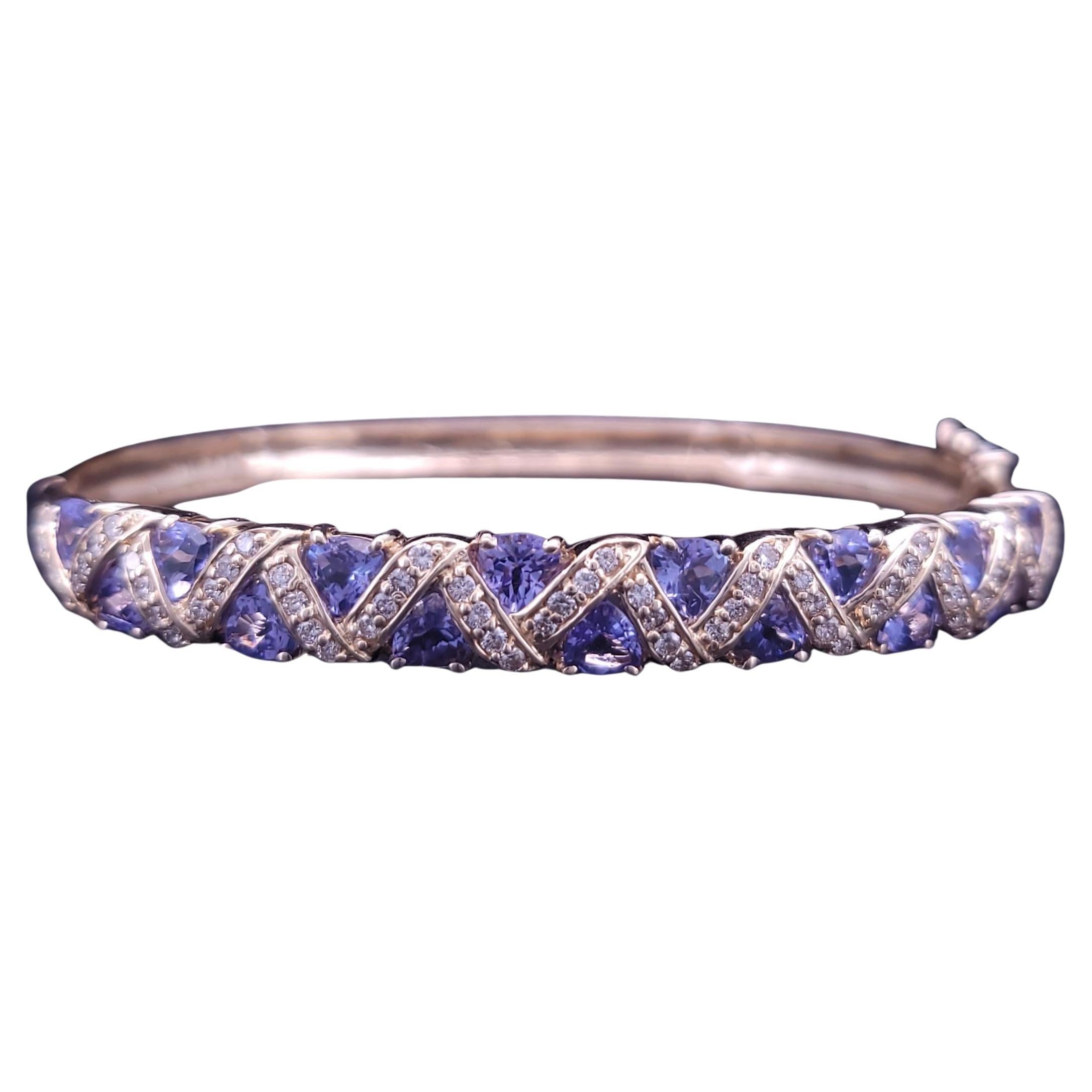 Custom Made 14K Yellow Gold 5ctw Tanzanite and Diamond Higed Bangle