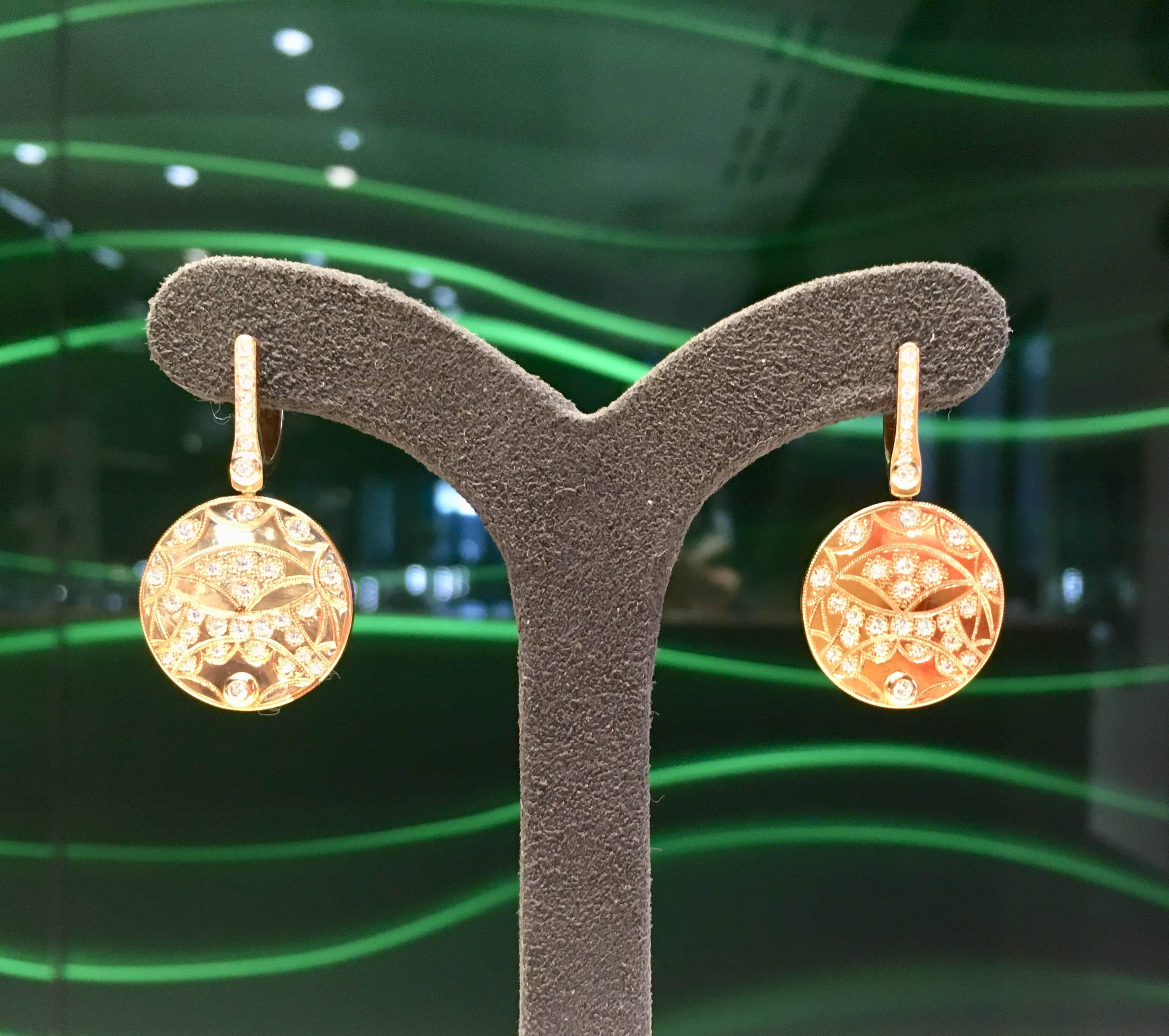Women's Custom Made 18 Karat Rose Gold Circular Diamond Drop Earrings For Sale