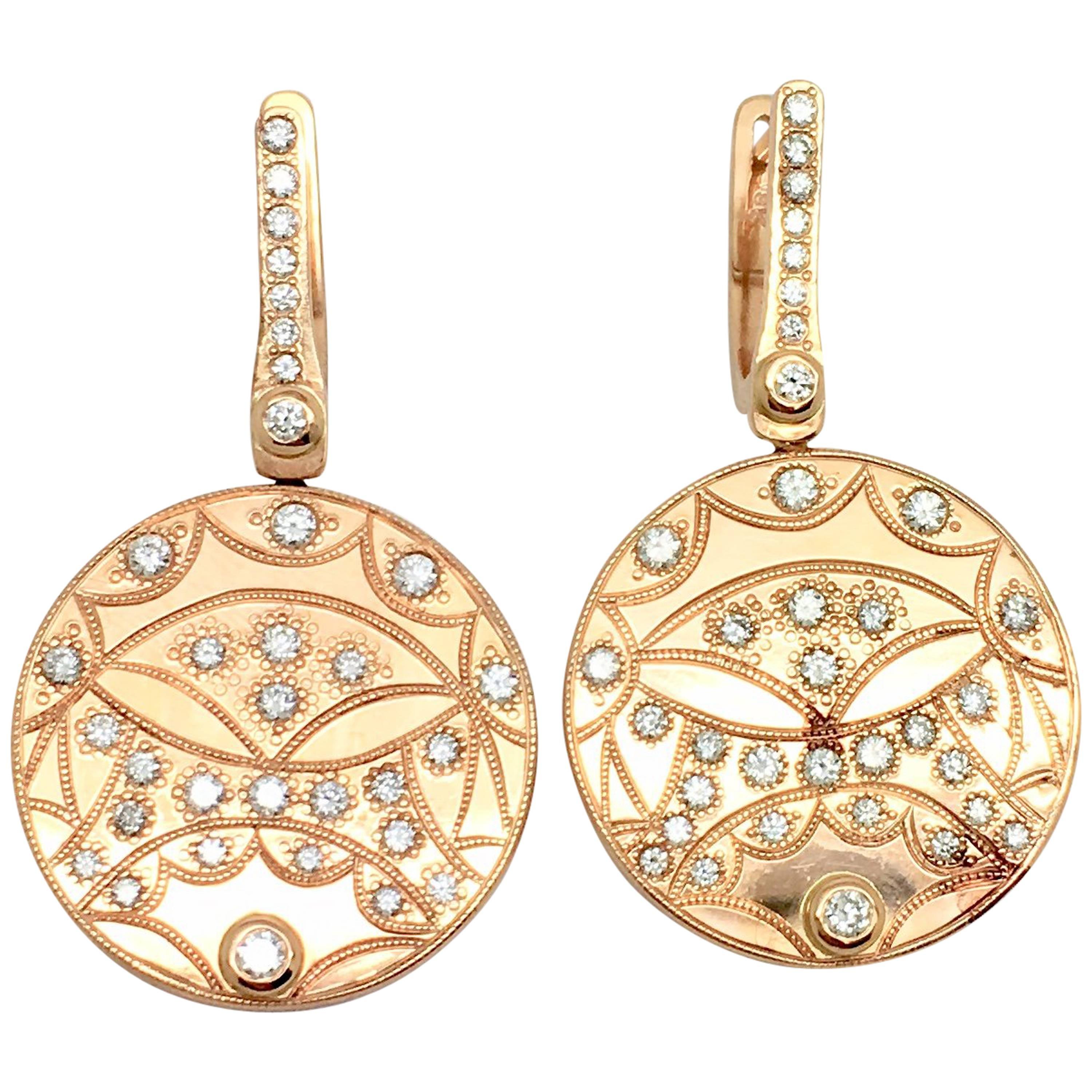 Custom Made 18 Karat Rose Gold Circular Diamond Drop Earrings For Sale
