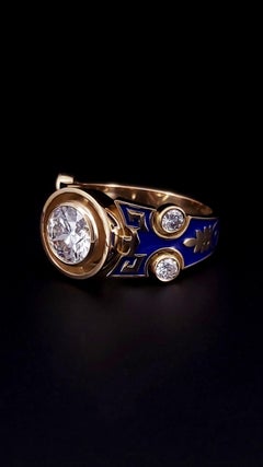 Custom Made 18k Gold Ring in Blue Enamel and Diamonds