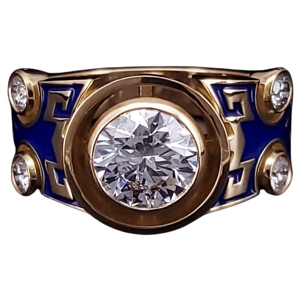 Custom Made 18k Gold Ring in Blue Enamel and Diamonds