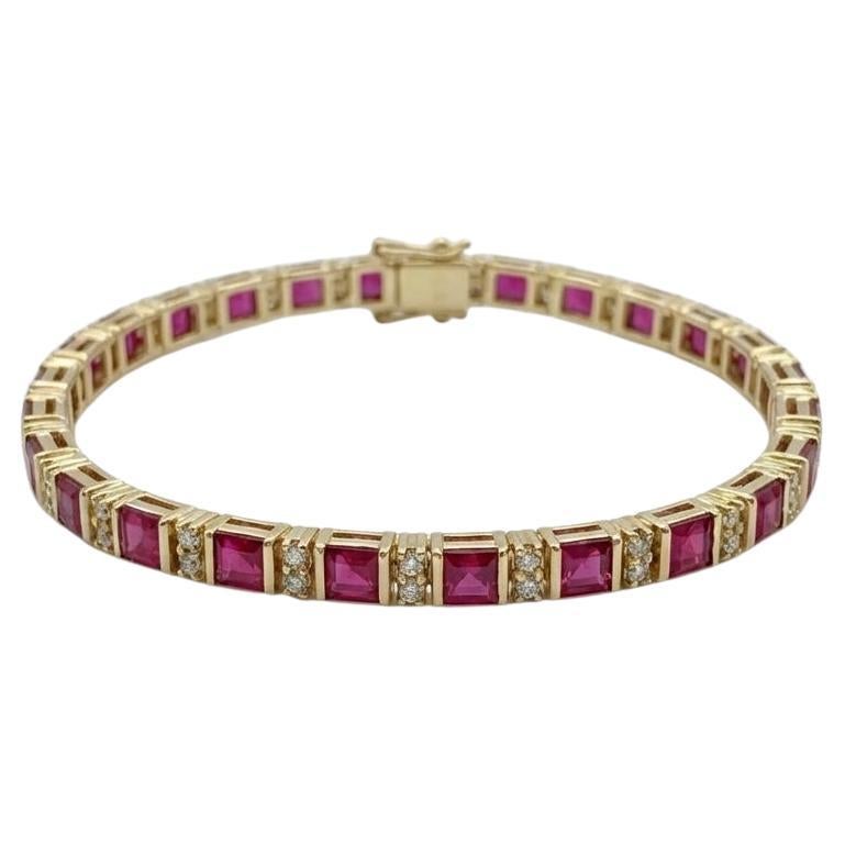 Custom-Made 18K Yellow Gold Ruby and Diamond Line Bracelet