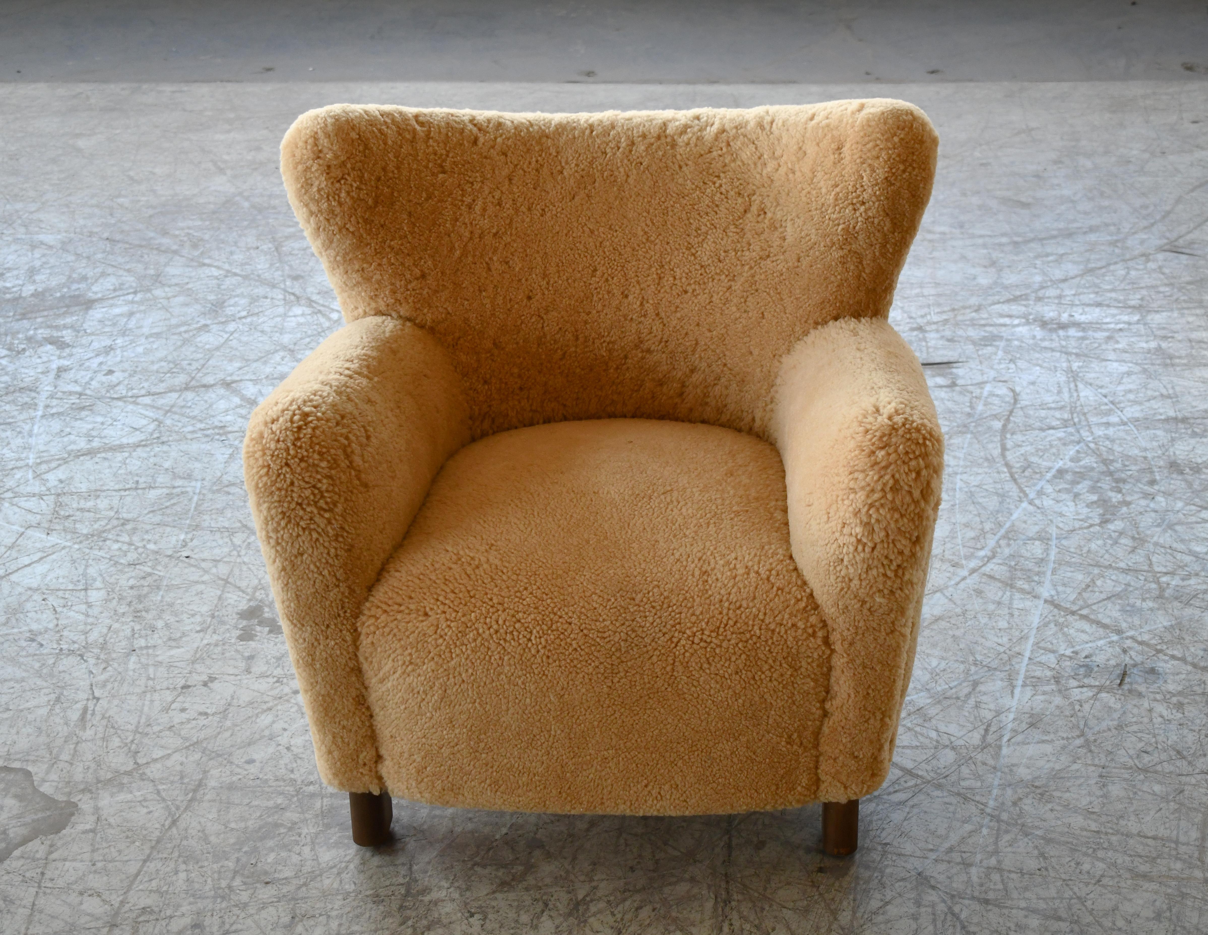 Custom Made 1940's Style Lounge Chair Upholstered in Amber Color Shearling For Sale 4