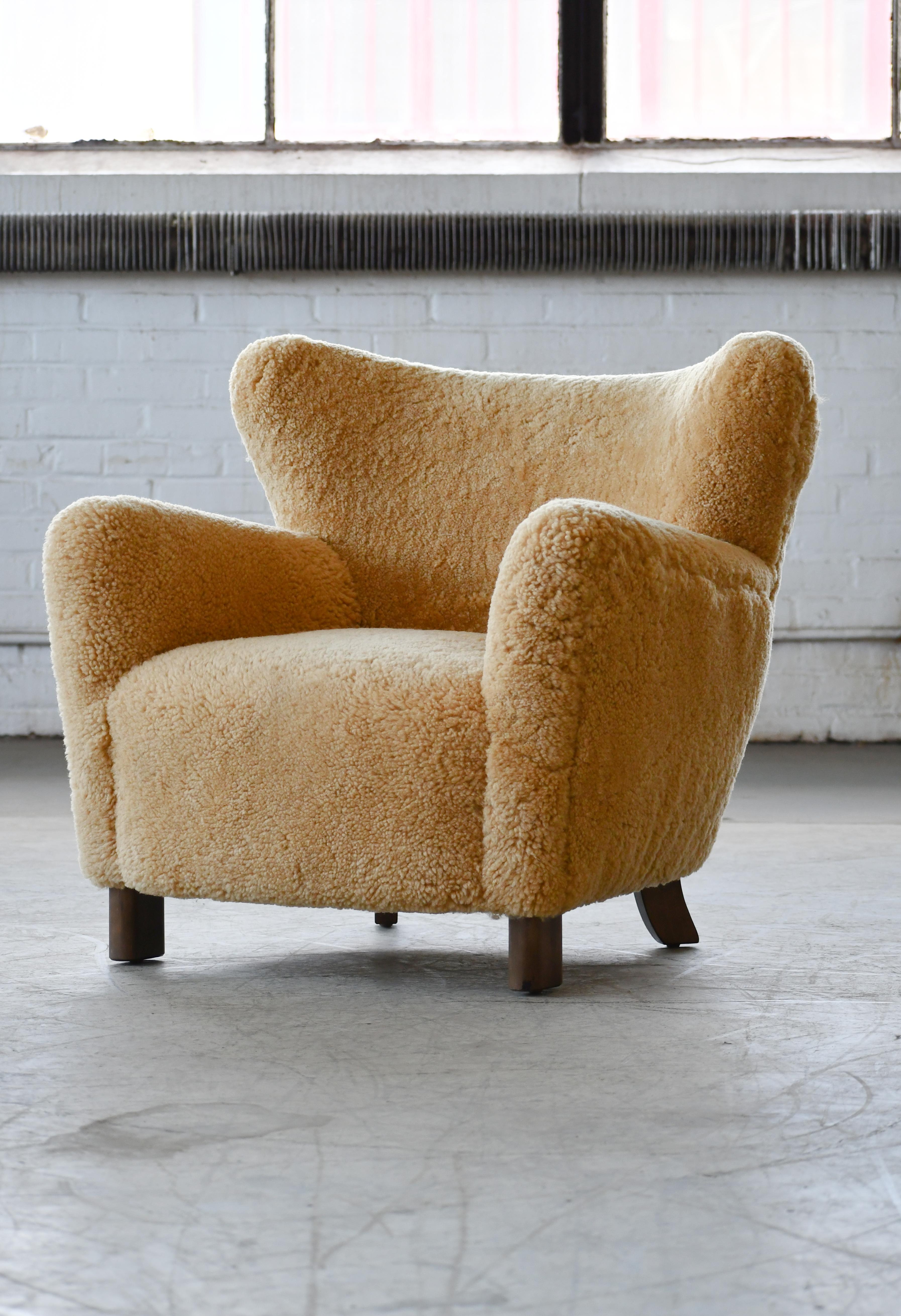 Mid-Century Modern Custom Made 1940's Style Lounge Chair Upholstered in Amber Color Shearling For Sale