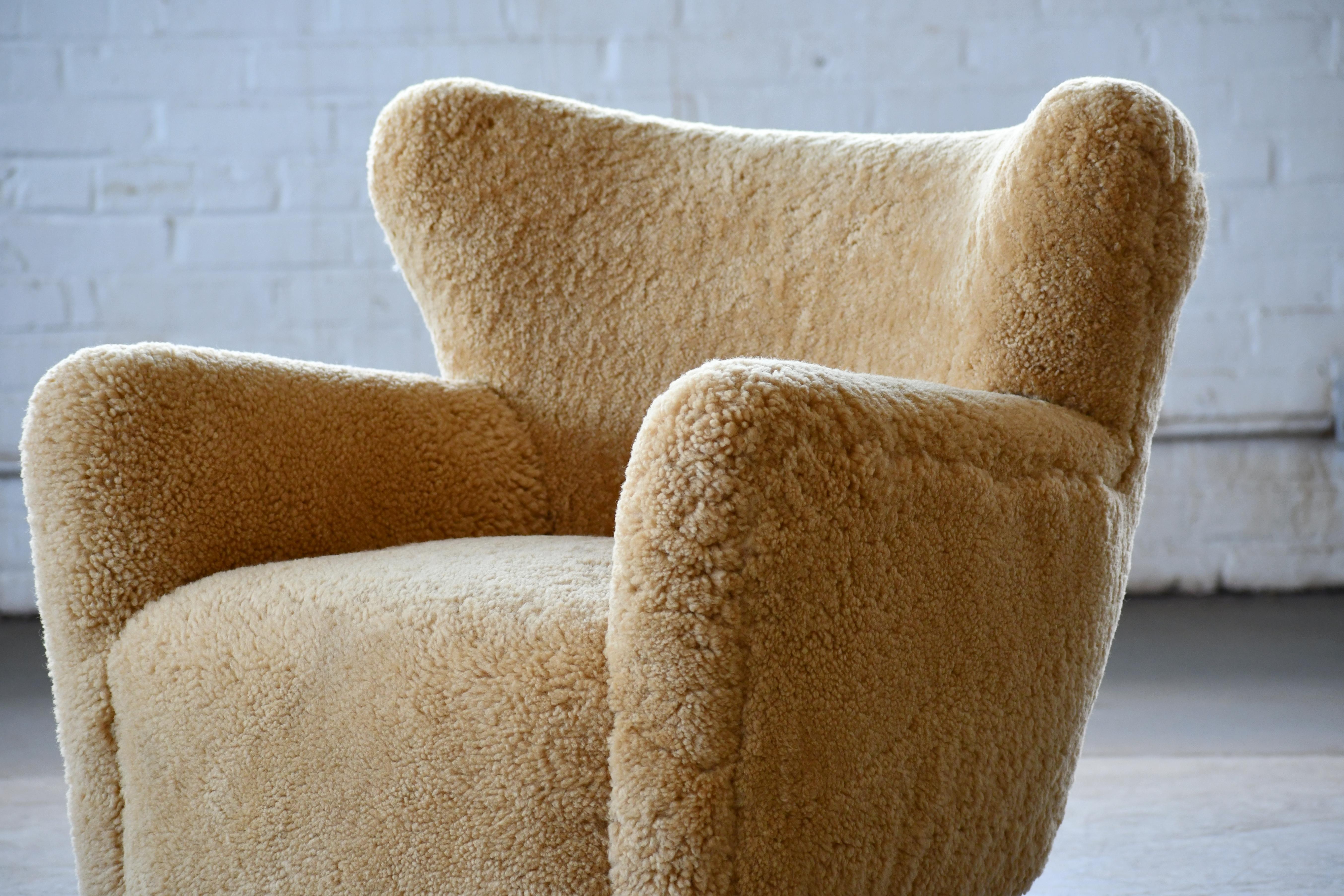 Danish Custom Made 1940's Style Lounge Chair Upholstered in Amber Color Shearling For Sale