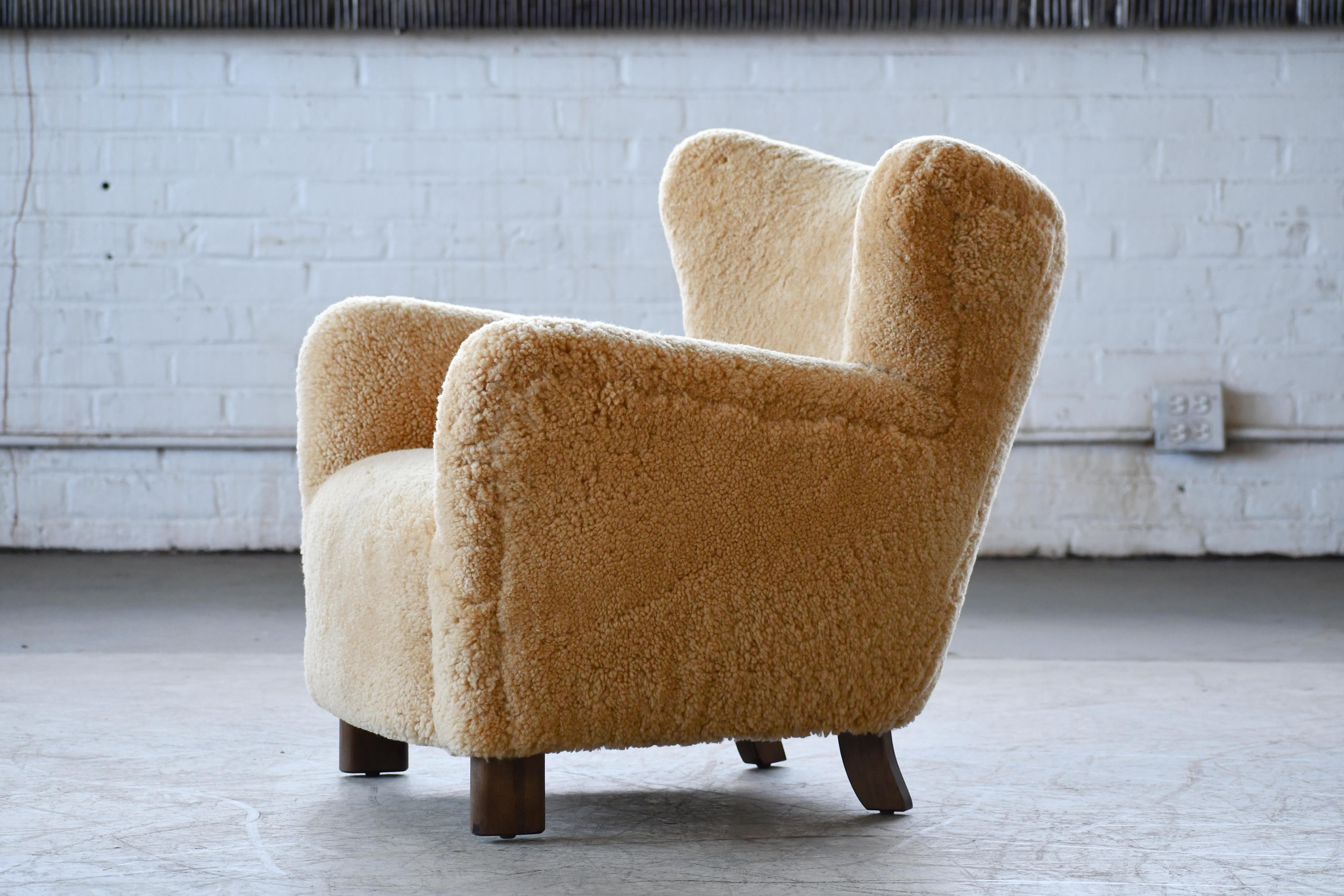 Custom Made 1940's Style Lounge Chair Upholstered in Amber Color Shearling In New Condition For Sale In Bridgeport, CT