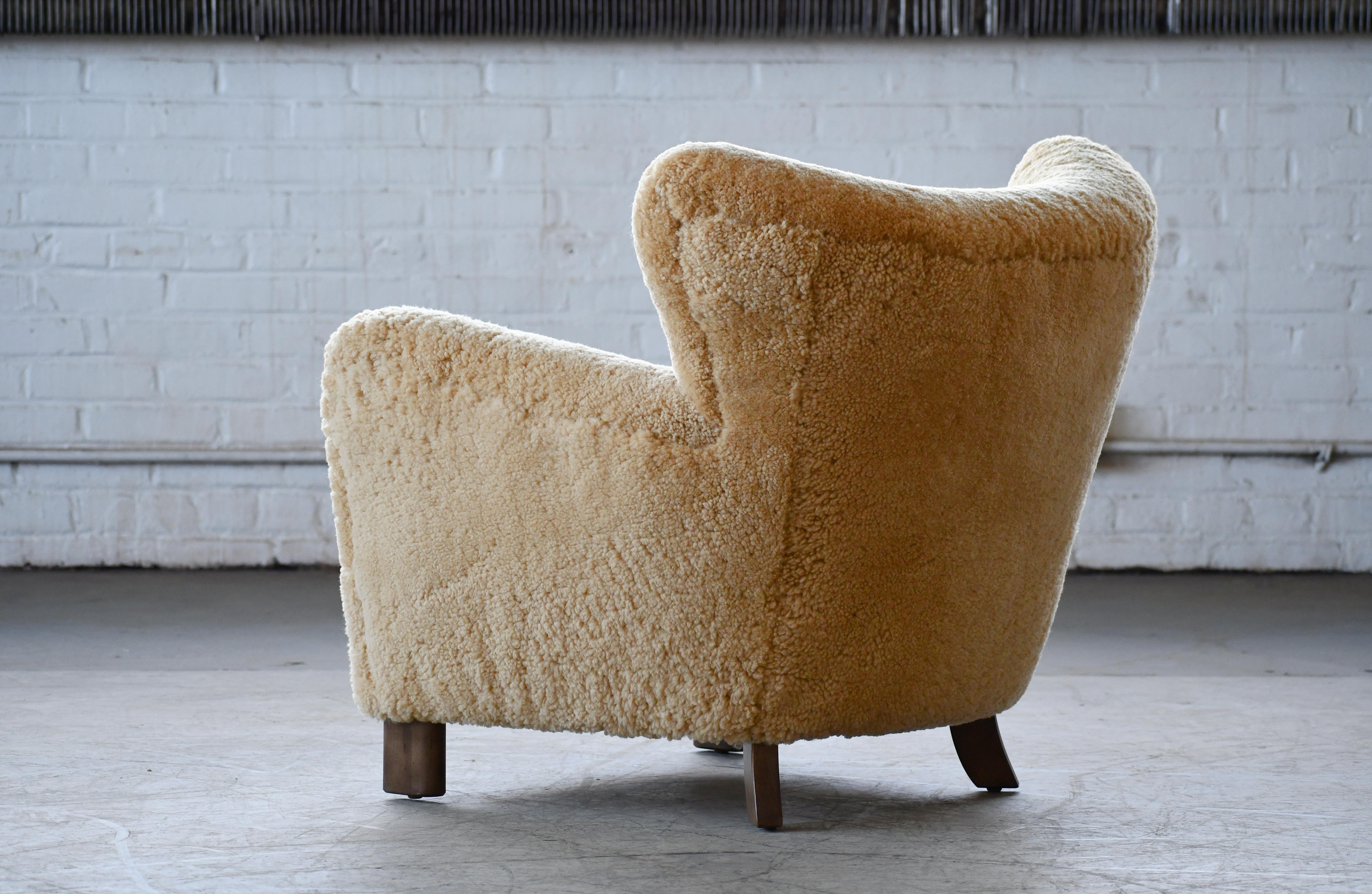 Contemporary Custom Made 1940's Style Lounge Chair Upholstered in Amber Color Shearling For Sale