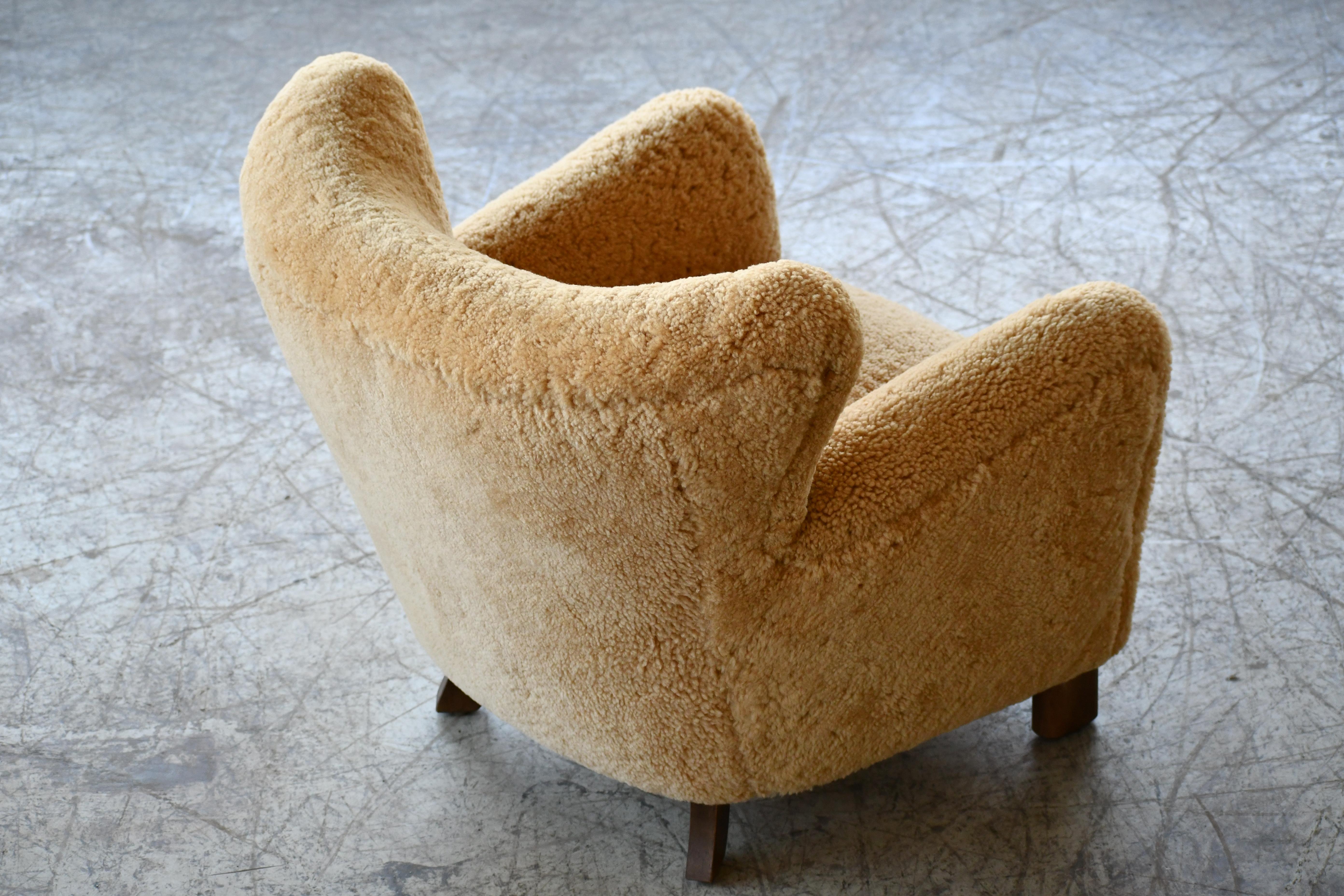 Sheepskin Custom Made 1940's Style Lounge Chair Upholstered in Amber Color Shearling For Sale