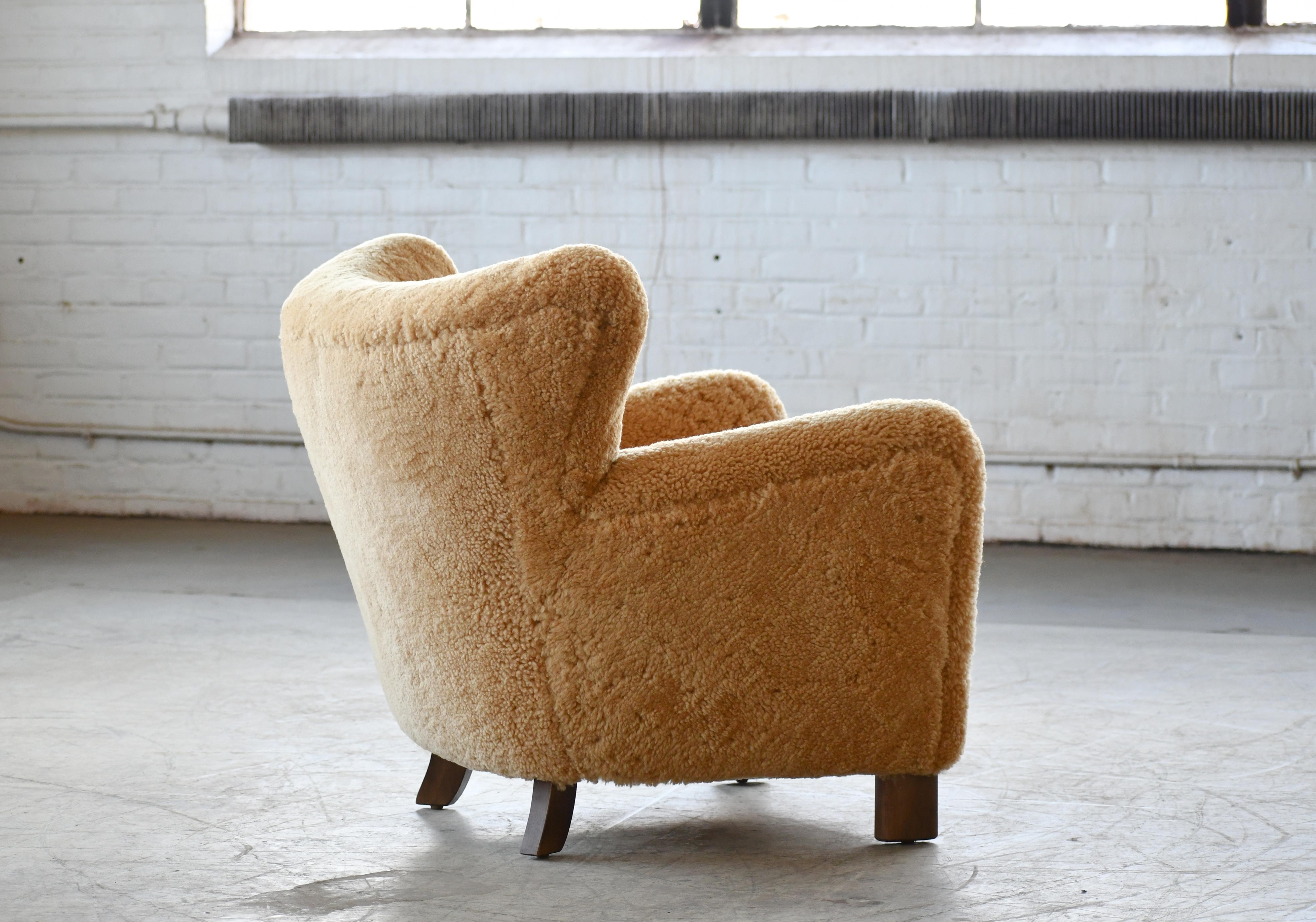 Custom Made 1940's Style Lounge Chair Upholstered in Amber Color Shearling For Sale 1