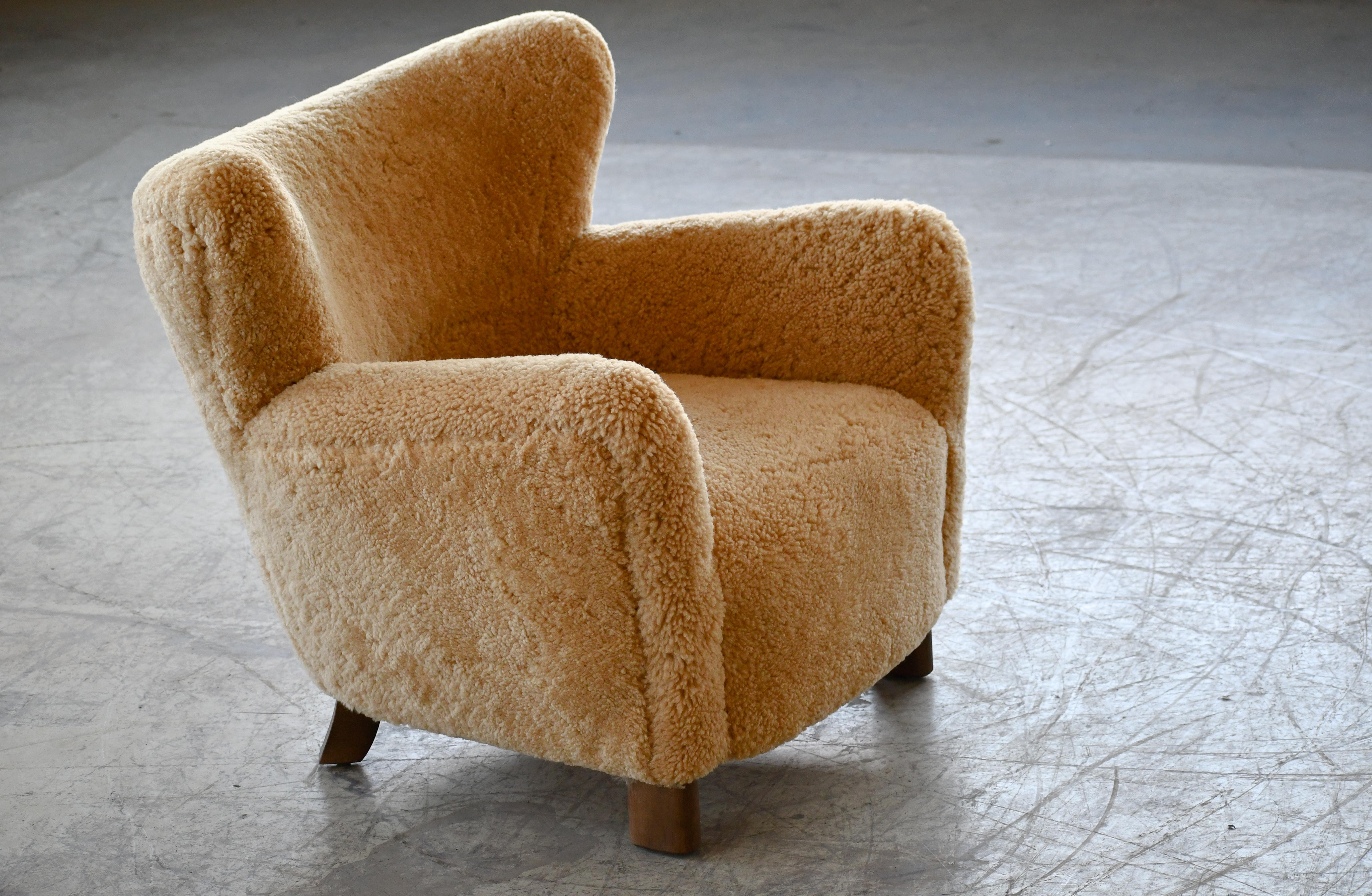 Custom Made 1940's Style Lounge Chair Upholstered in Amber Color Shearling For Sale 2