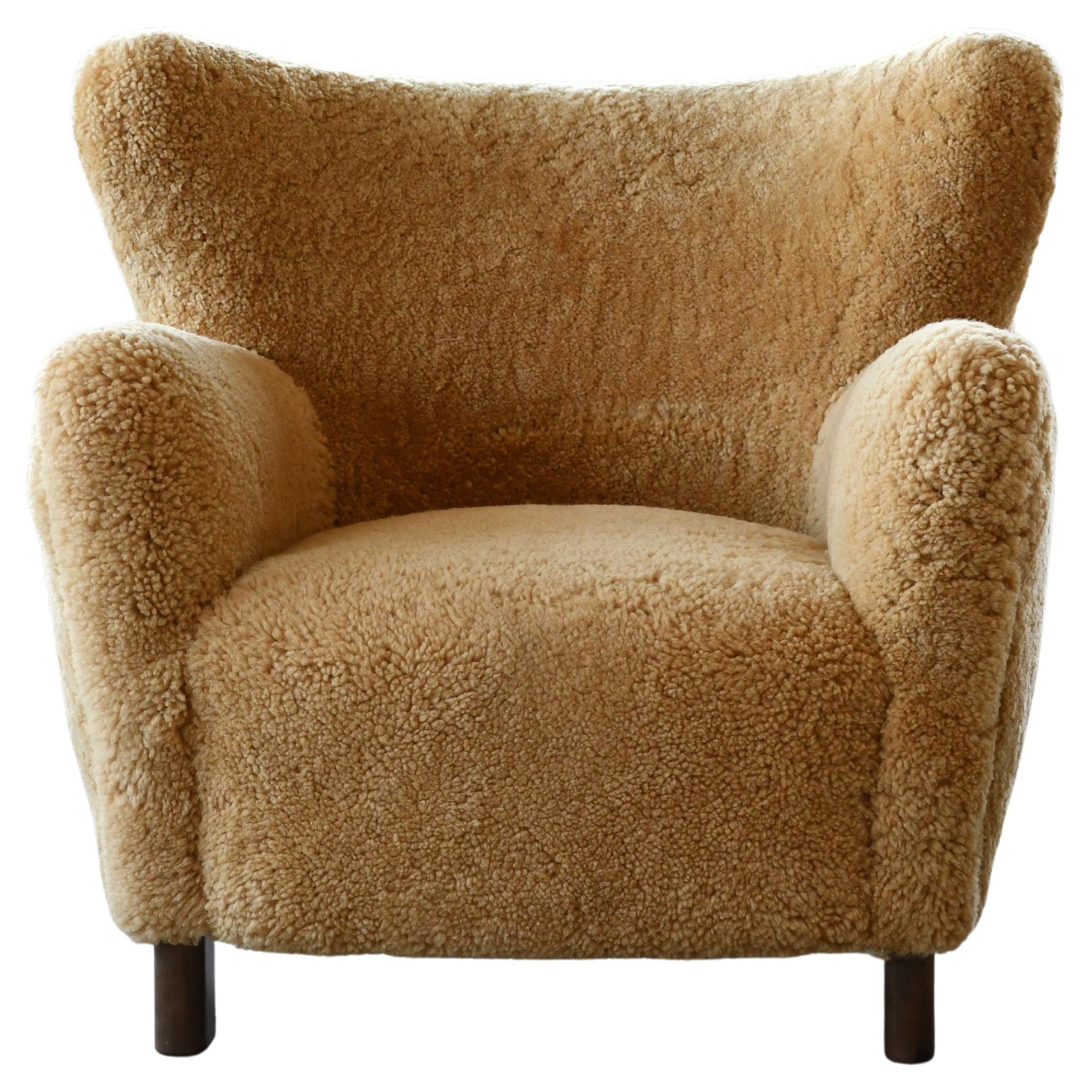 Custom Made 1940's Style Lounge Chair Upholstered in Amber Color Shearling
