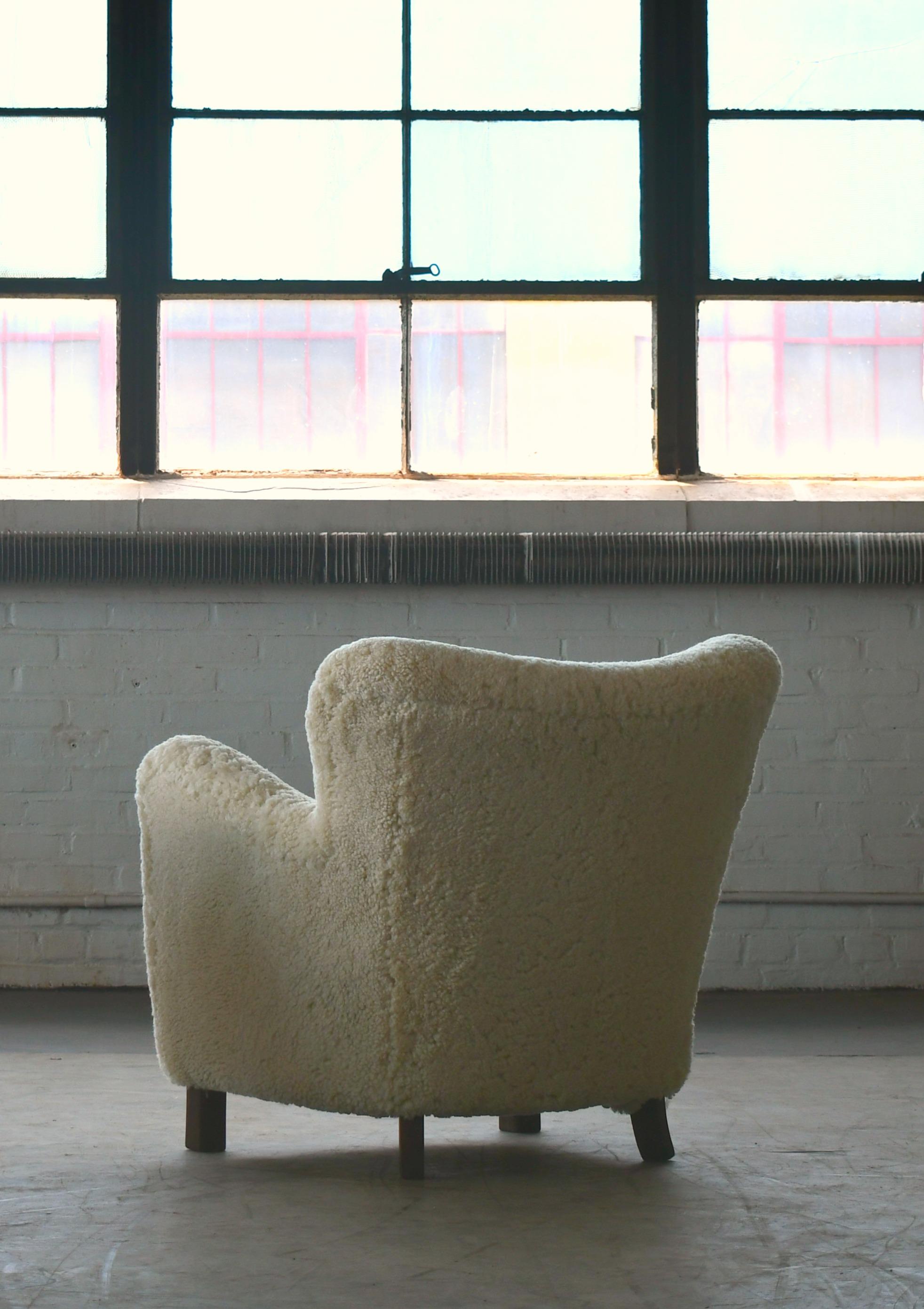 Danish Custom Made 1940's Style Lounge Chair Upholstered in Beige Sheepskin Shearling For Sale