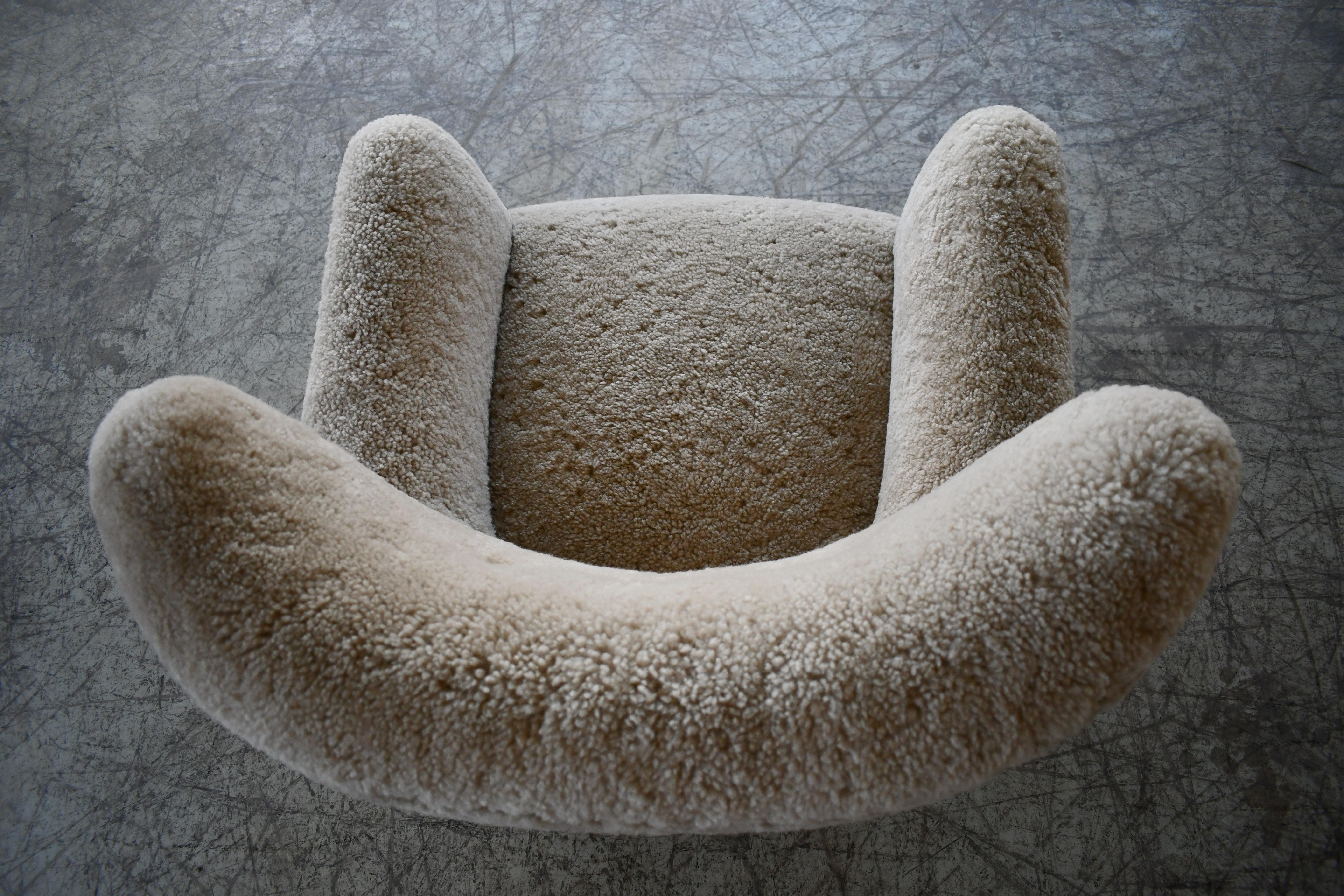 Custom Made 1940's Style Lounge Chair Upholstered in Beige Sheepskin Shearling For Sale 1