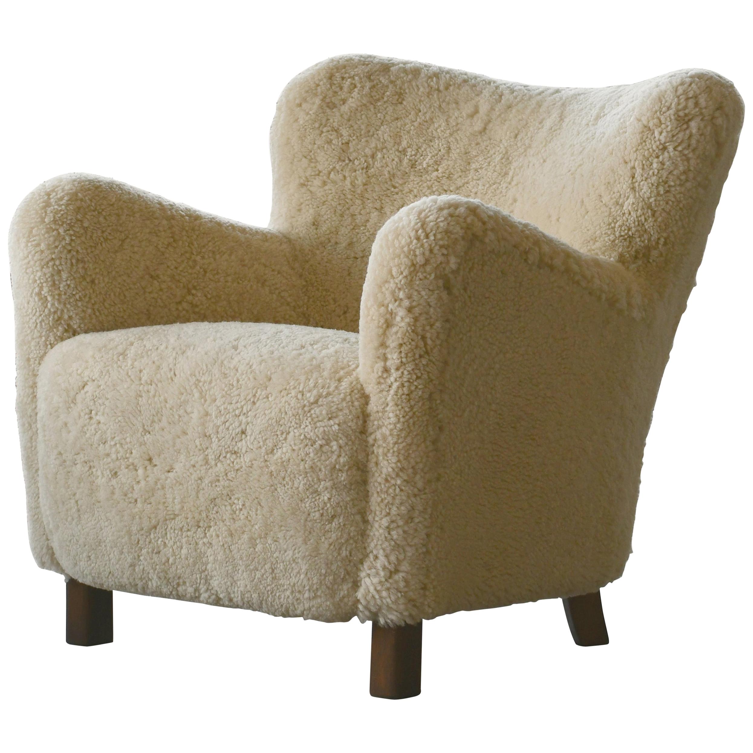 Custom Made 1940's Style Lounge Chair Upholstered in Beige Sheepskin Shearling