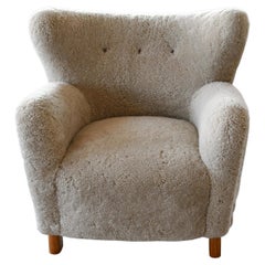 Custom Made 1940's Style Lounge Chair Upholstered in Beige Sheepskin Shearling
