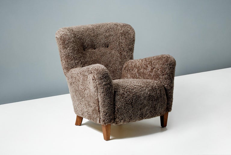 British Custom Made 1940s Style Sheepskin Lounge Chairs For Sale