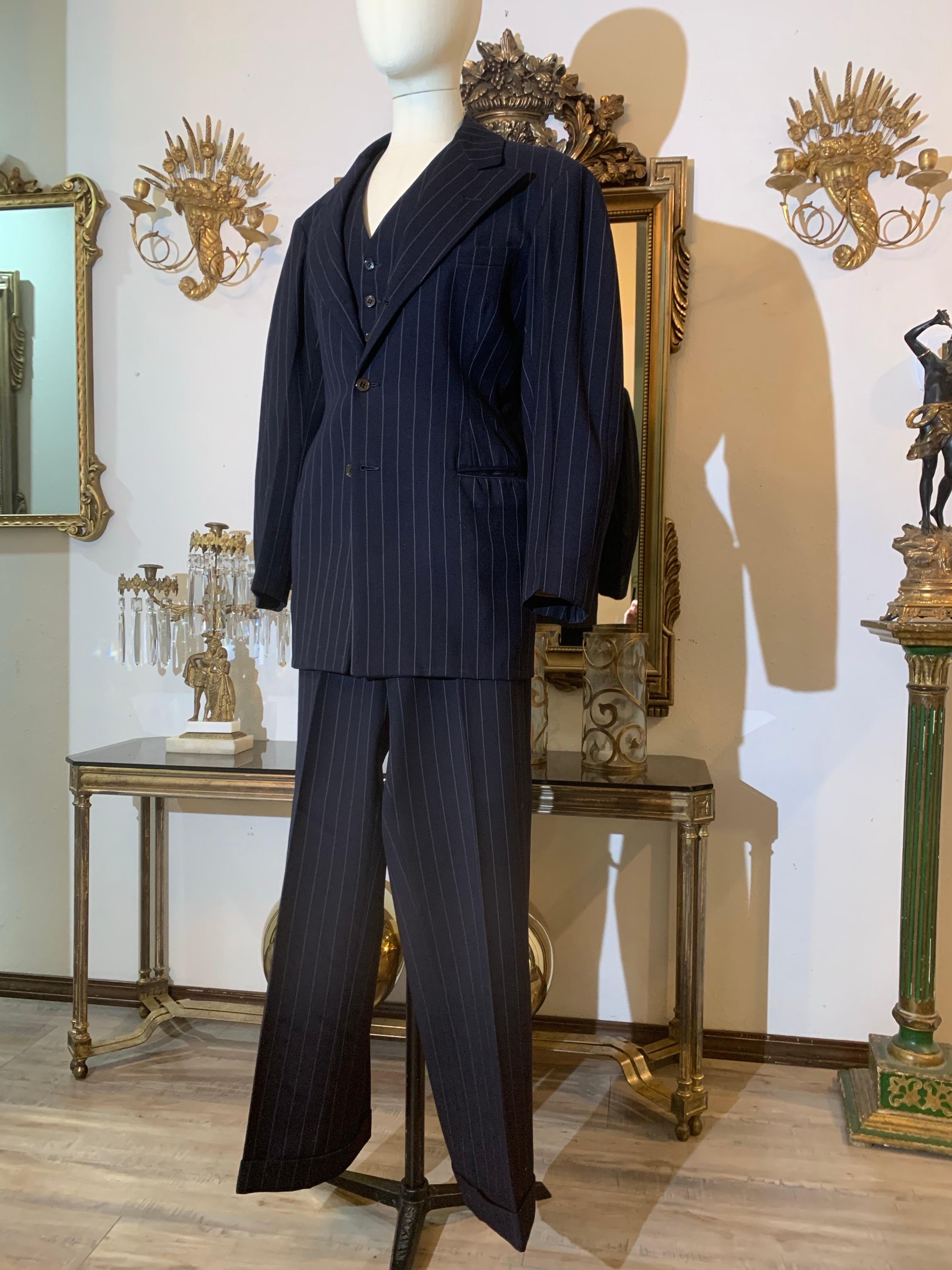 Custom-Made 1947 Deep Blue-Black Pinstripe Wool Dandy Style Men's Wear 3-Piece Suit:  A fantastic vintage wool suit, perfect for tailoring to your curves!  Dandy-Style!  This is a high-quality tailored men's suit with a tapered waist, full