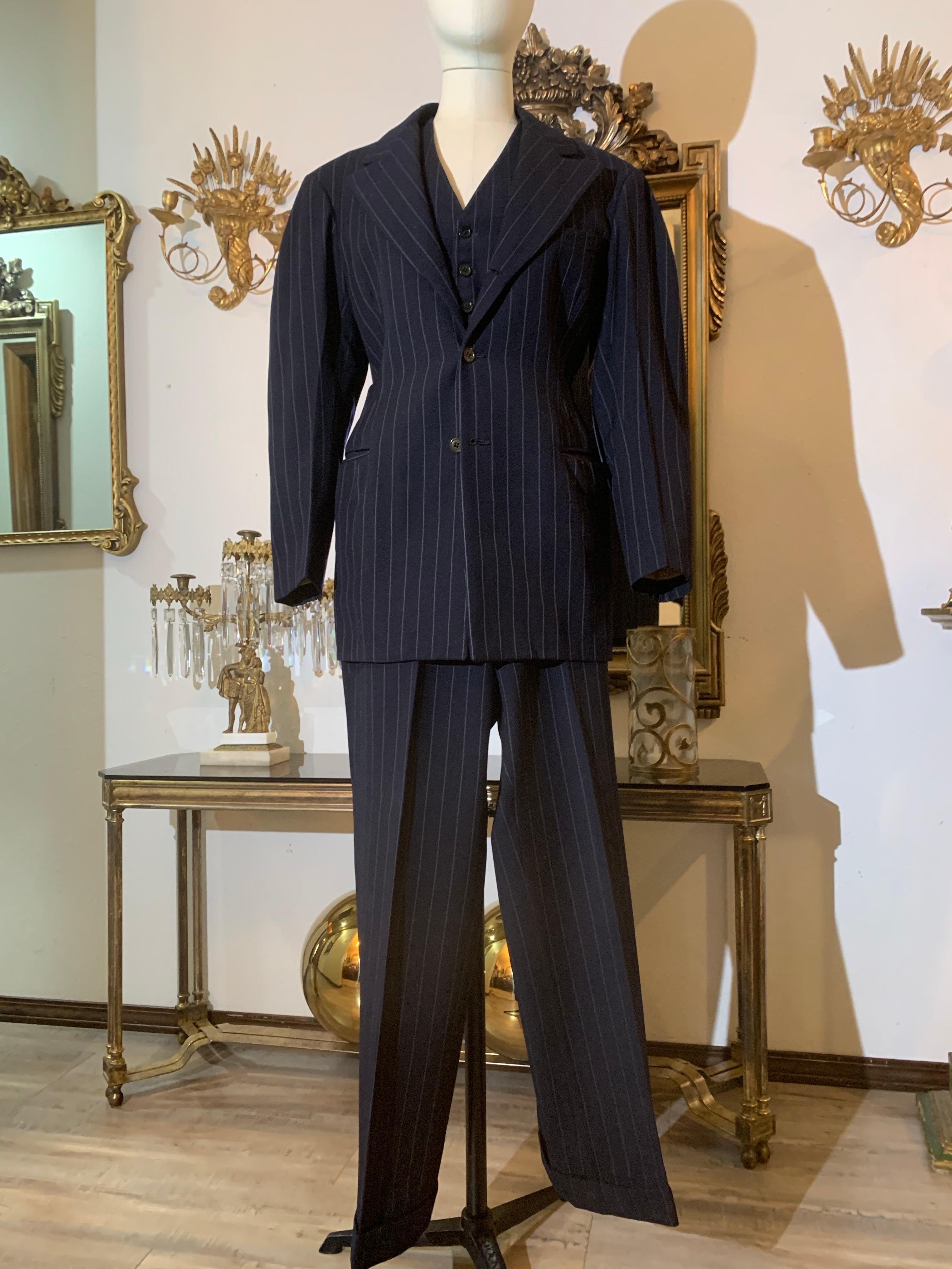 Custom-Made 1947 Pinstripe Black Wool Dandy Style Men's Wear 3-Piece Suit In Excellent Condition For Sale In Gresham, OR