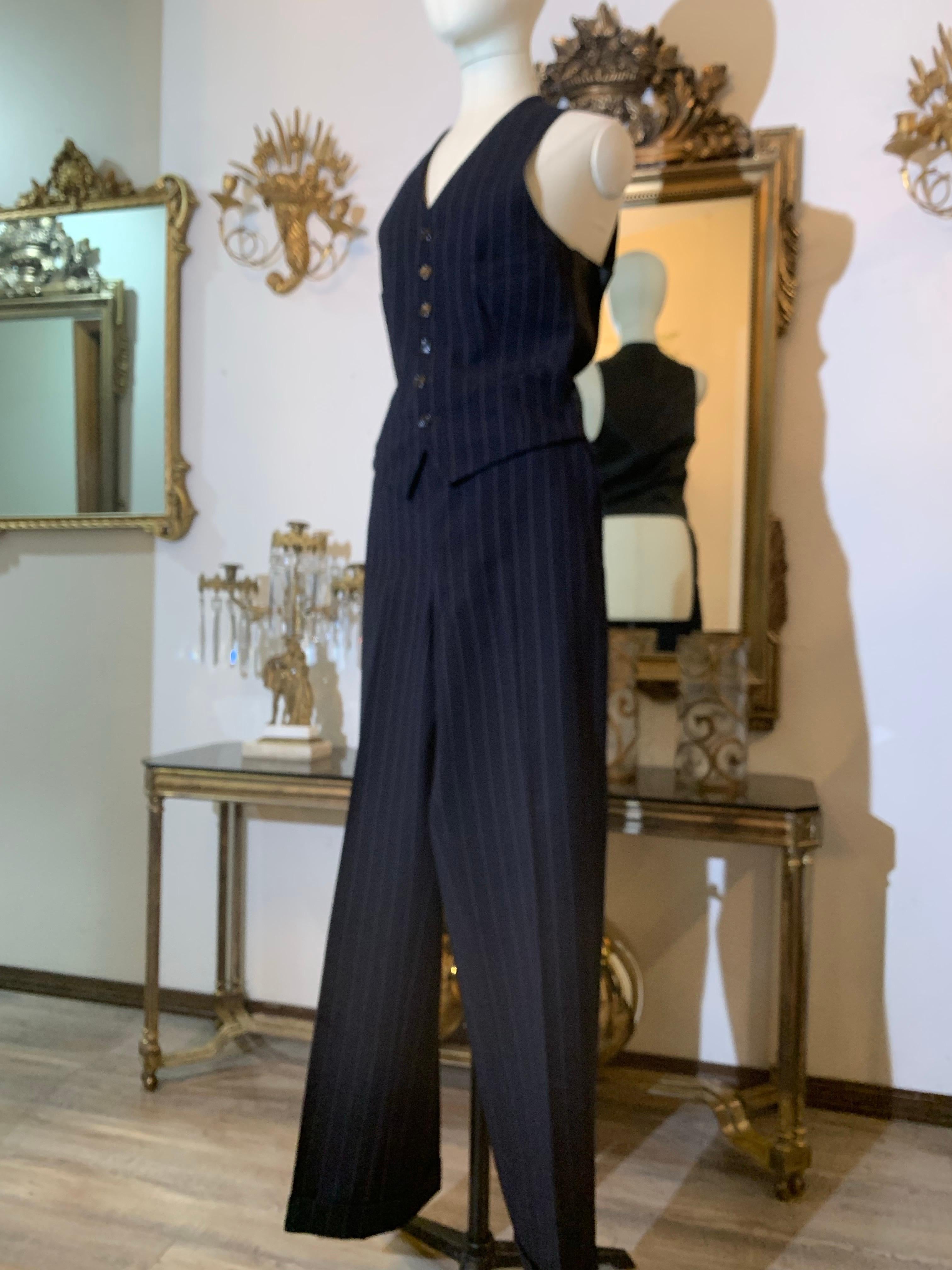 Custom-Made 1947 Pinstripe Black Wool Dandy Style Men's Wear 3-Piece Suit For Sale 1