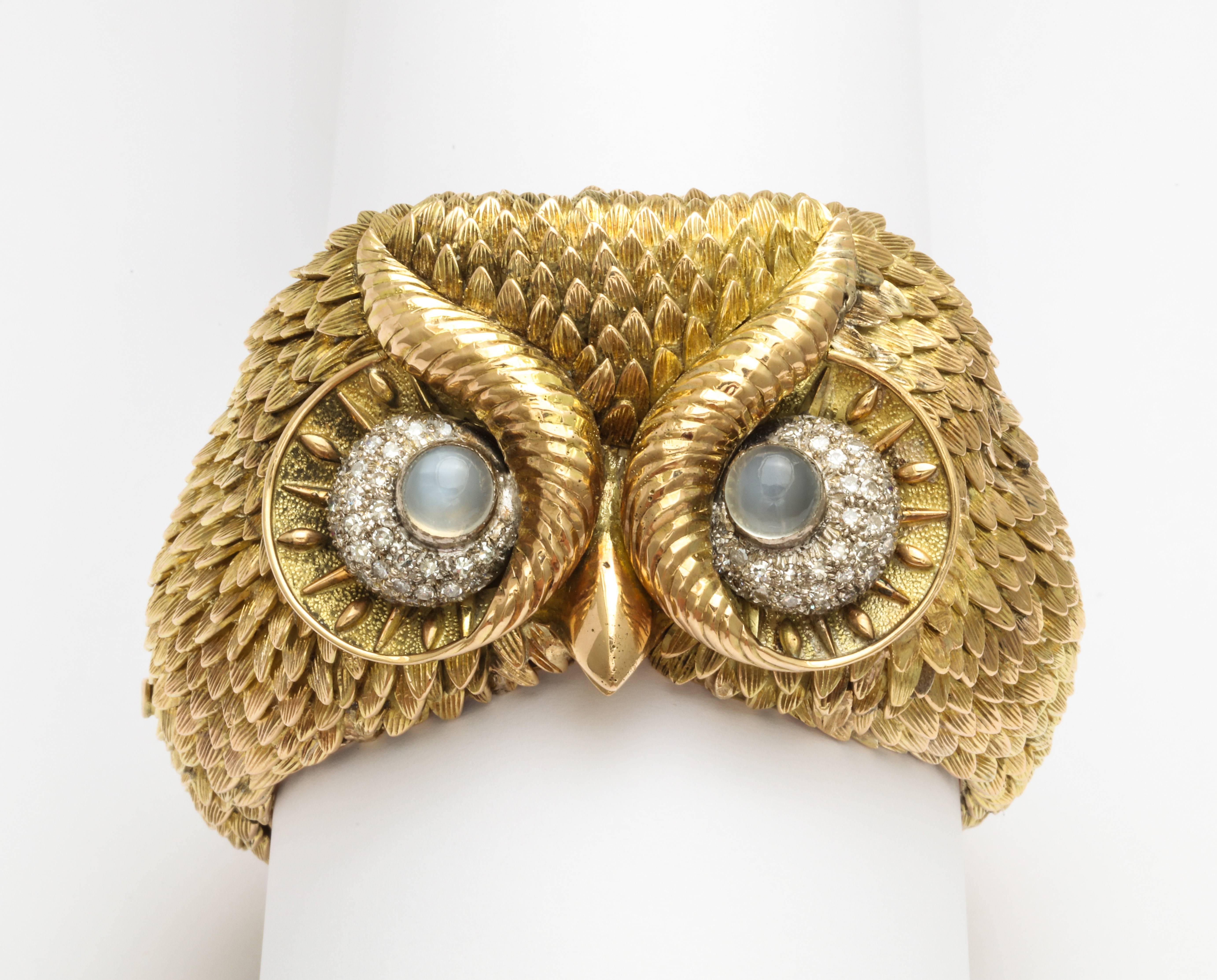 Mixed Cut Custom Made 1960s Diamond Moonstone Gold Owl Bracelet For Sale