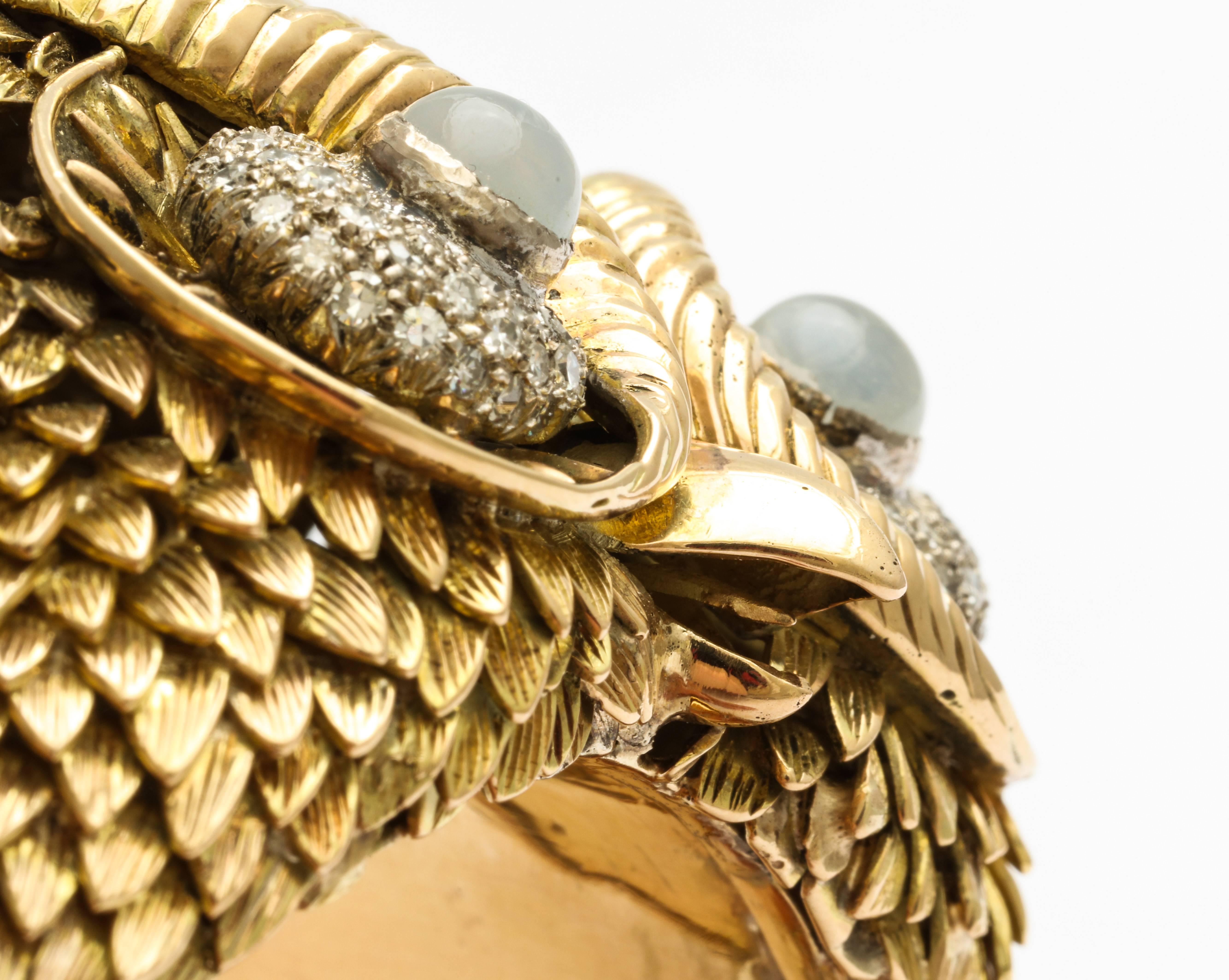 Custom Made 1960s Diamond Moonstone Gold Owl Bracelet In Excellent Condition For Sale In New York, NY