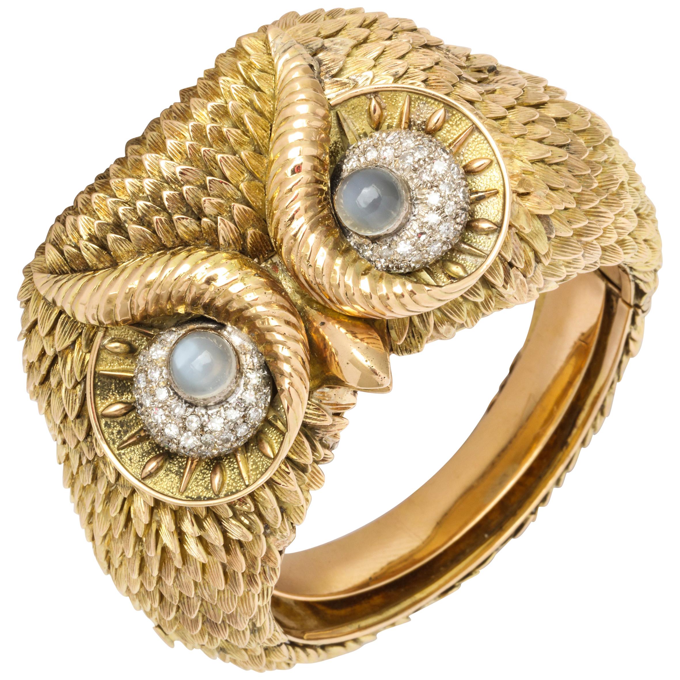 Custom Made 1960s Diamond Moonstone Gold Owl Bracelet For Sale