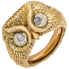 Bracelet hibou en or avec pierre de lune et diamants, fabriqué sur mesure dans les années 1960