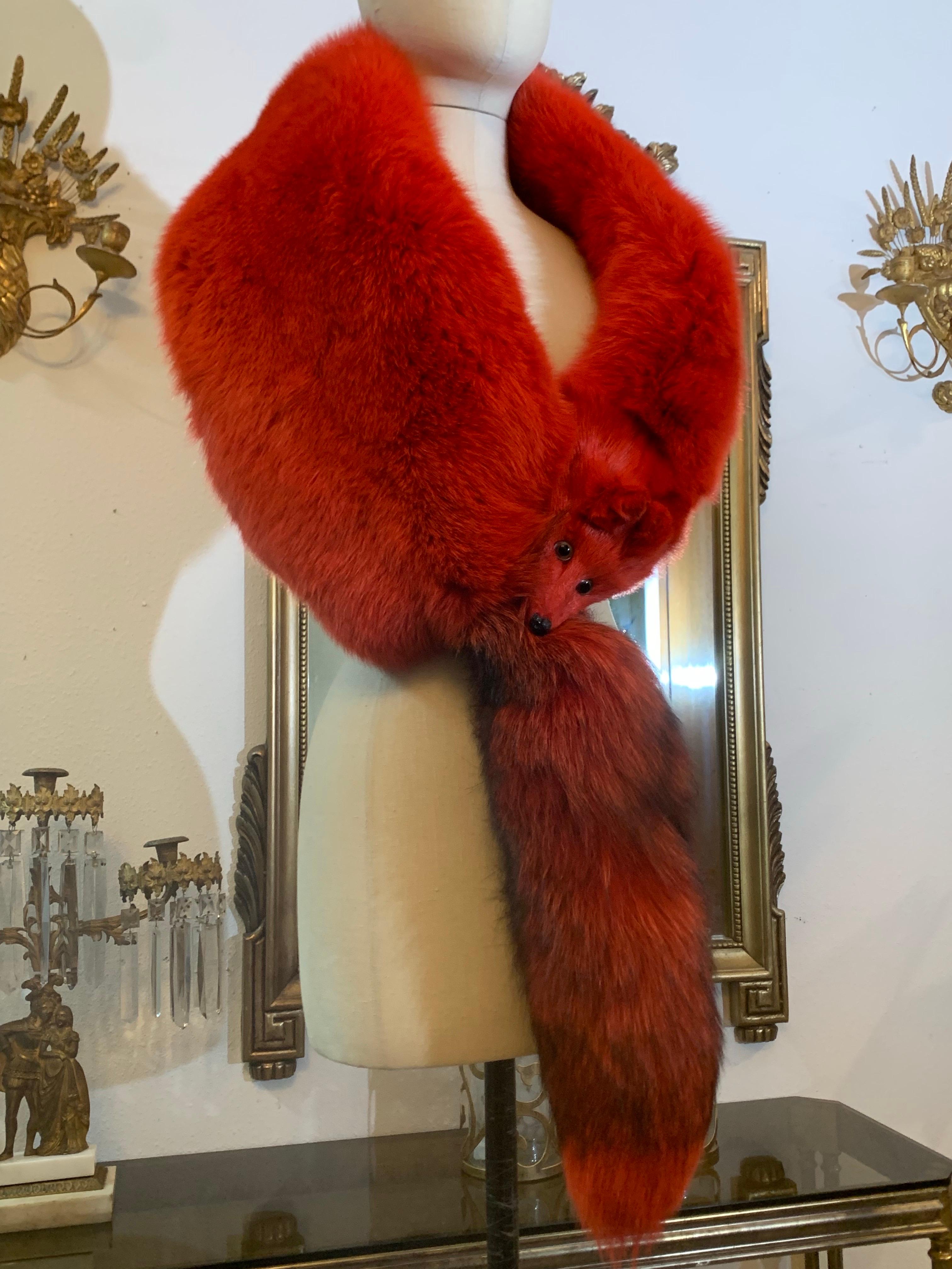 Custom-Made 1990s Valentino Large Red Dyed Full-Body Fox Fur Fling: Unmarked but confirmed, custom piece from the House of Valentino for a private client, this is an extravagant, over-the-top evening wrap dyed a vibrant coral-red. The entire body