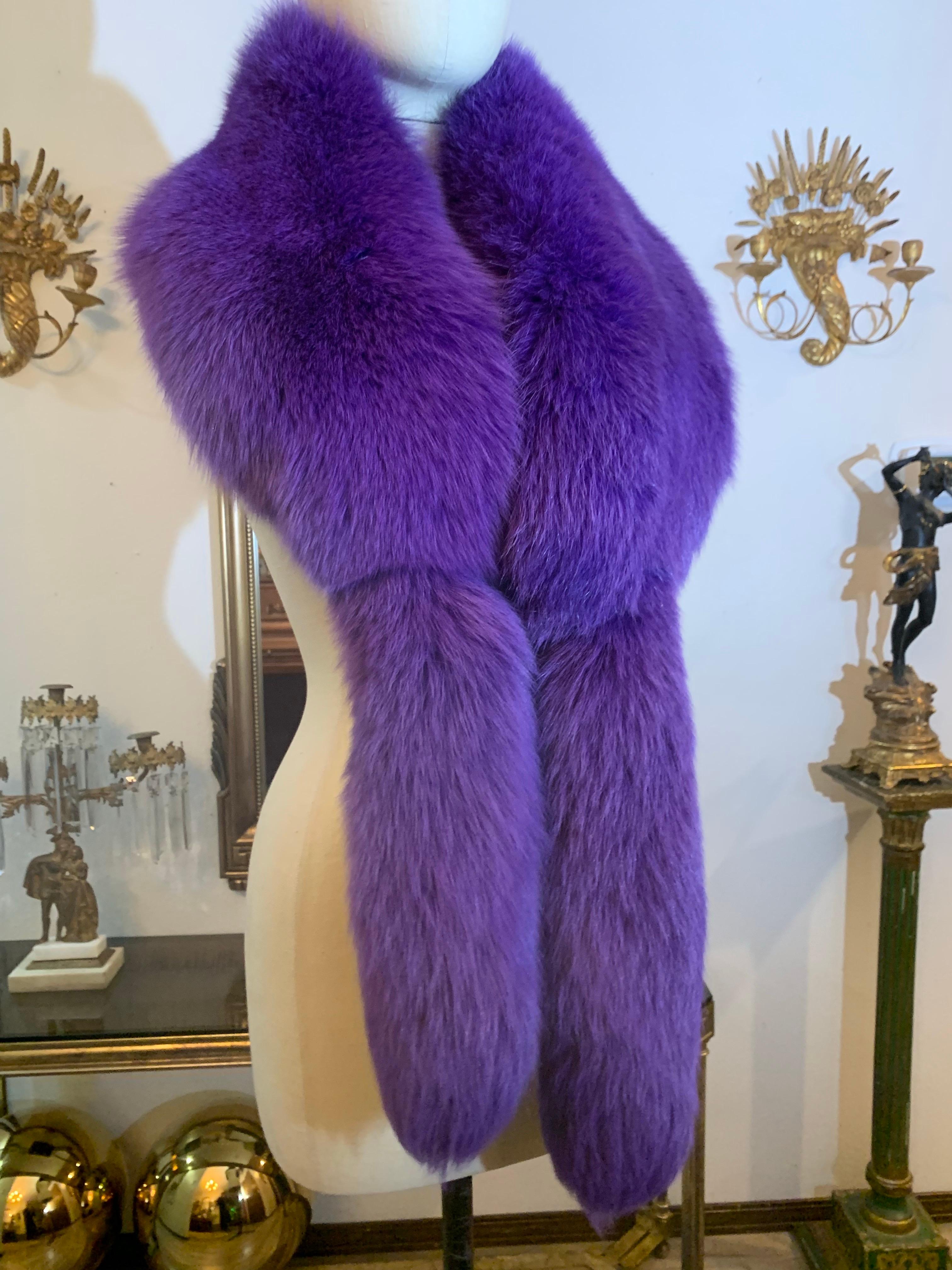 Custom-Made 1990s Valentino Large Regal Purple Dyed Fox Fur Fling w Fox Tails 6