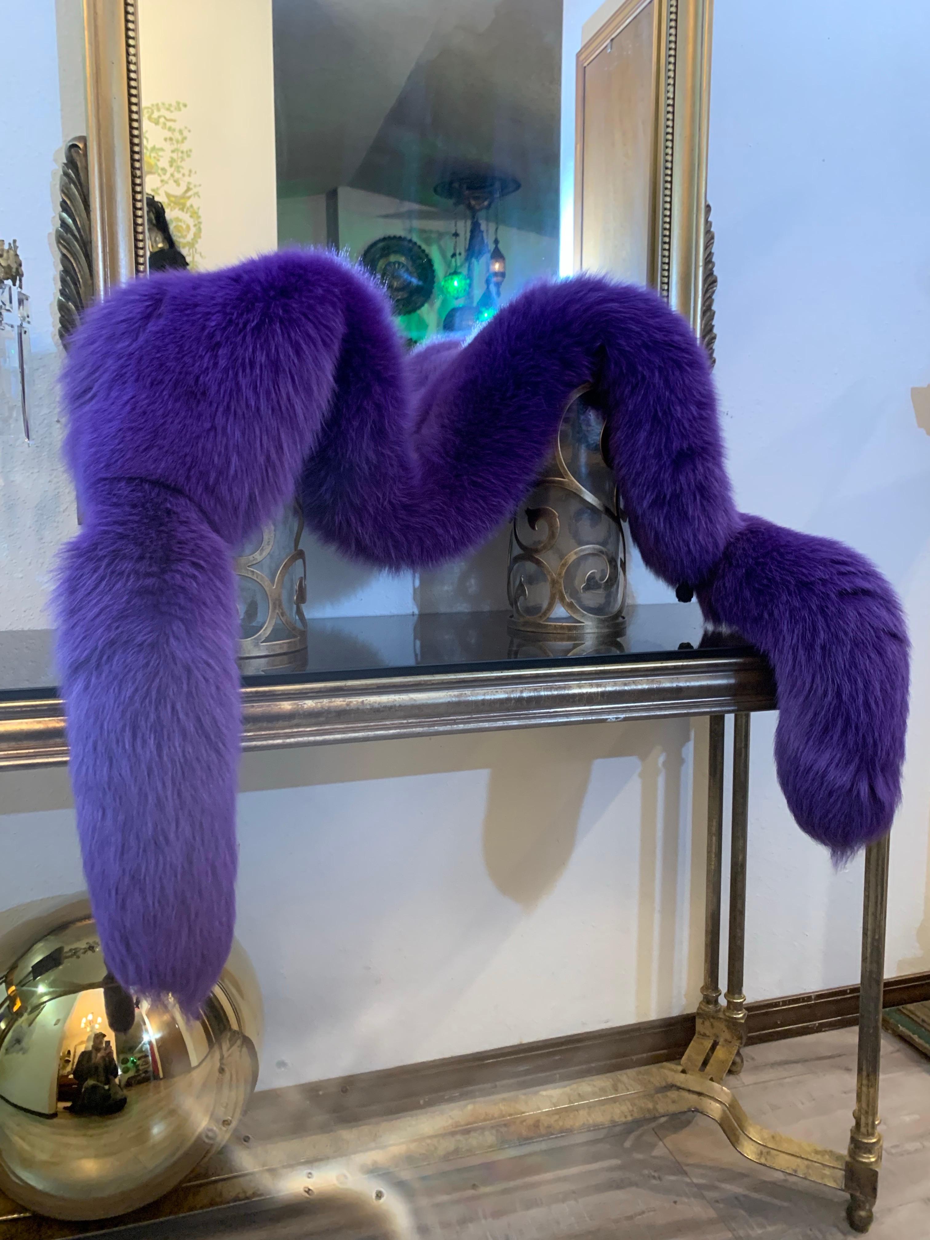 Custom-Made 1990s Valentino Large Regal Purple Dyed Fox Fur Fling w Fox Tails 7