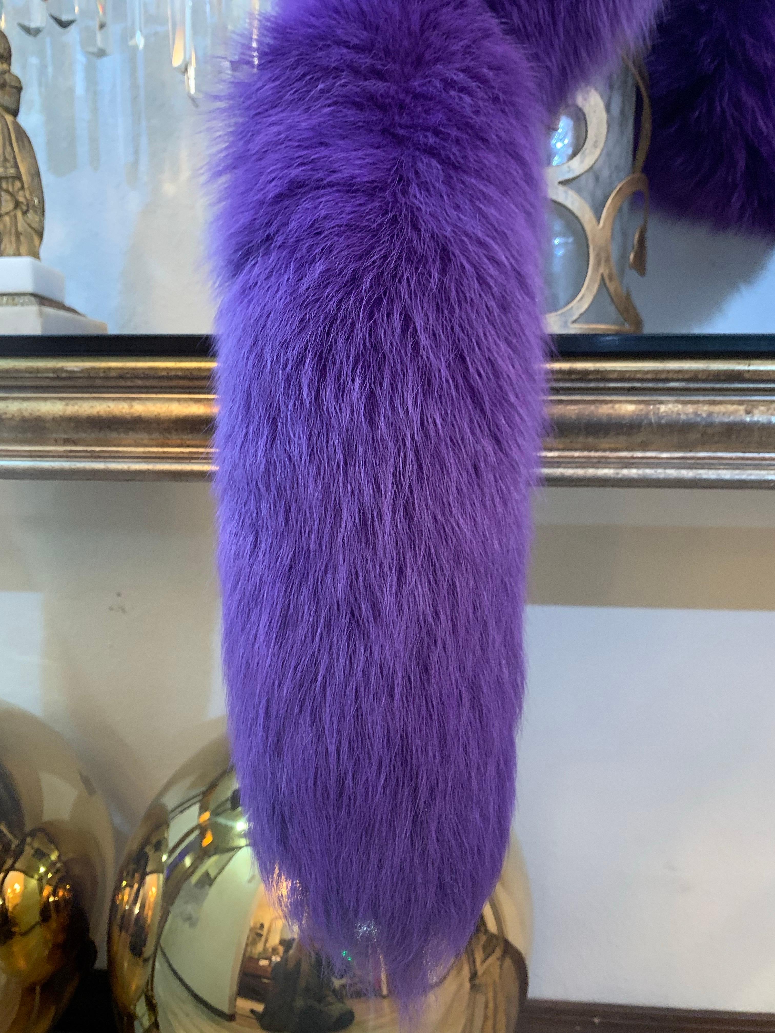 Custom-Made 1990s Valentino Large Regal Purple Dyed Fox Fur Fling w Fox Tails 8