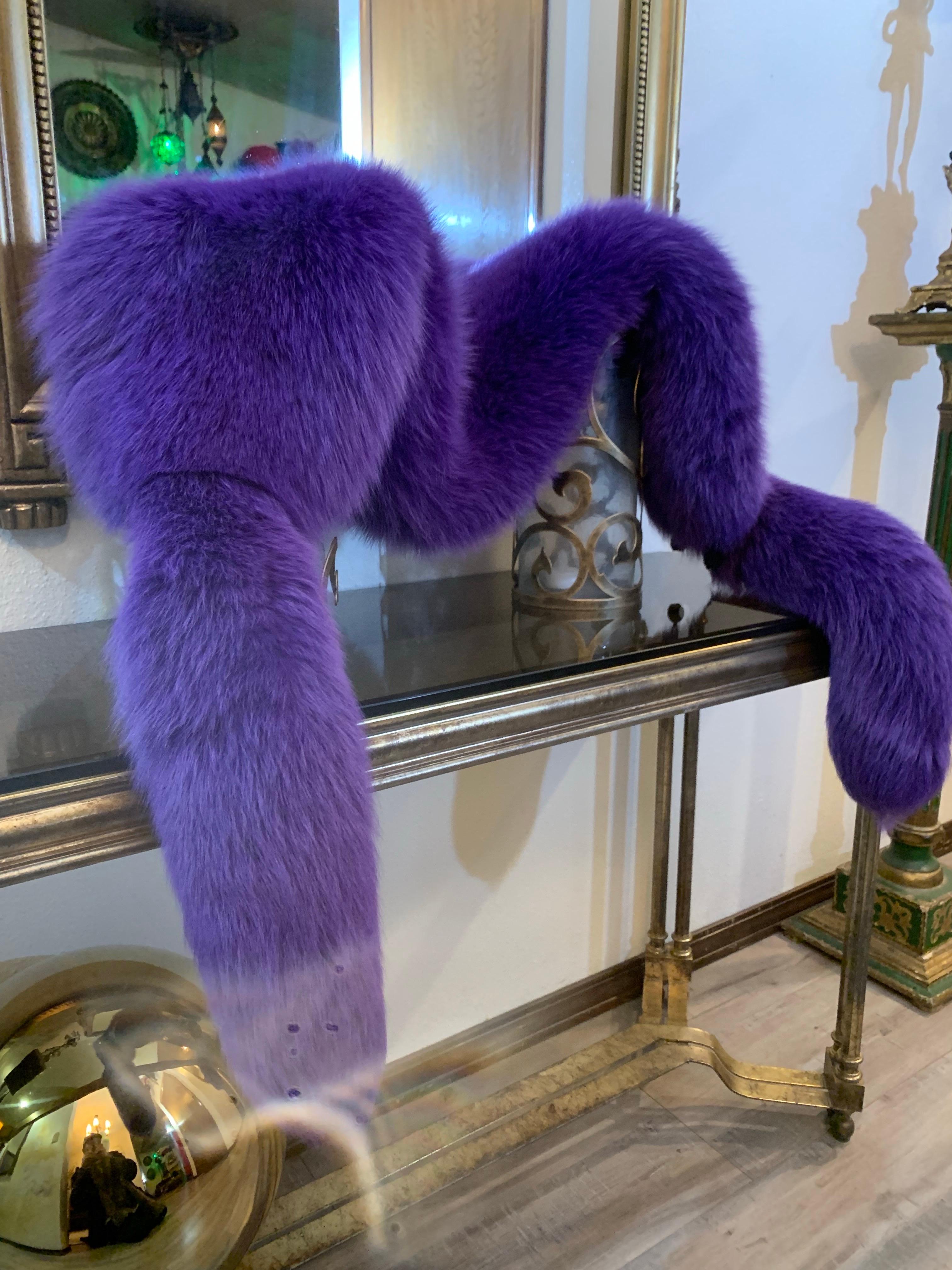 Custom-Made 1990s Valentino Large Regal Purple Dyed Fox Fur Fling w Fox Tails 9