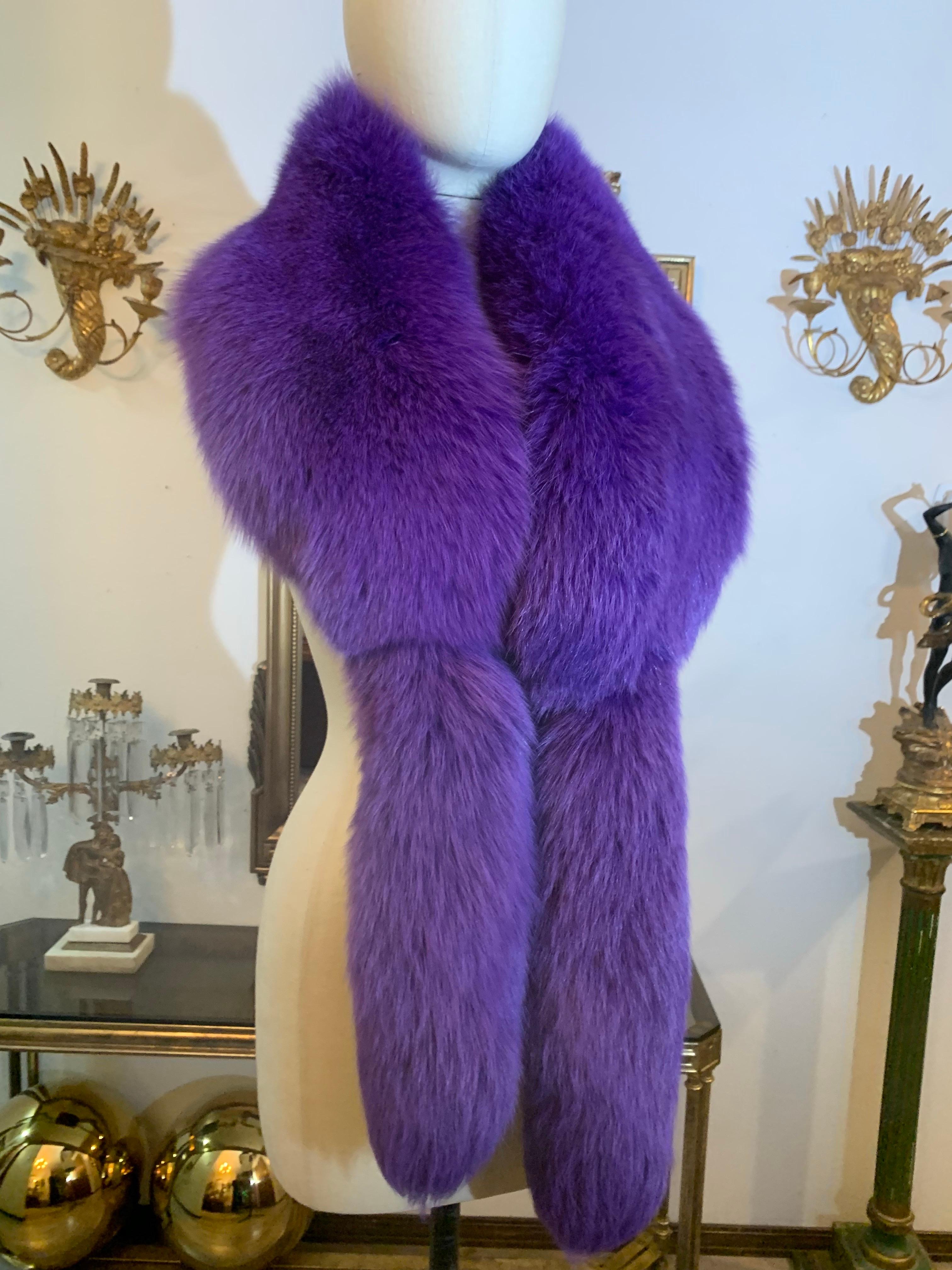 Custom-Made 1990s Valentino Large Royal Purple Dyed Fox Fur Fling w Tails: Unmarked but confirmed, custom piece from the House of Valentino for a private client, this is an extravagant, over-the-top evening wrap dyed a vibrant regal purple.  Silky,