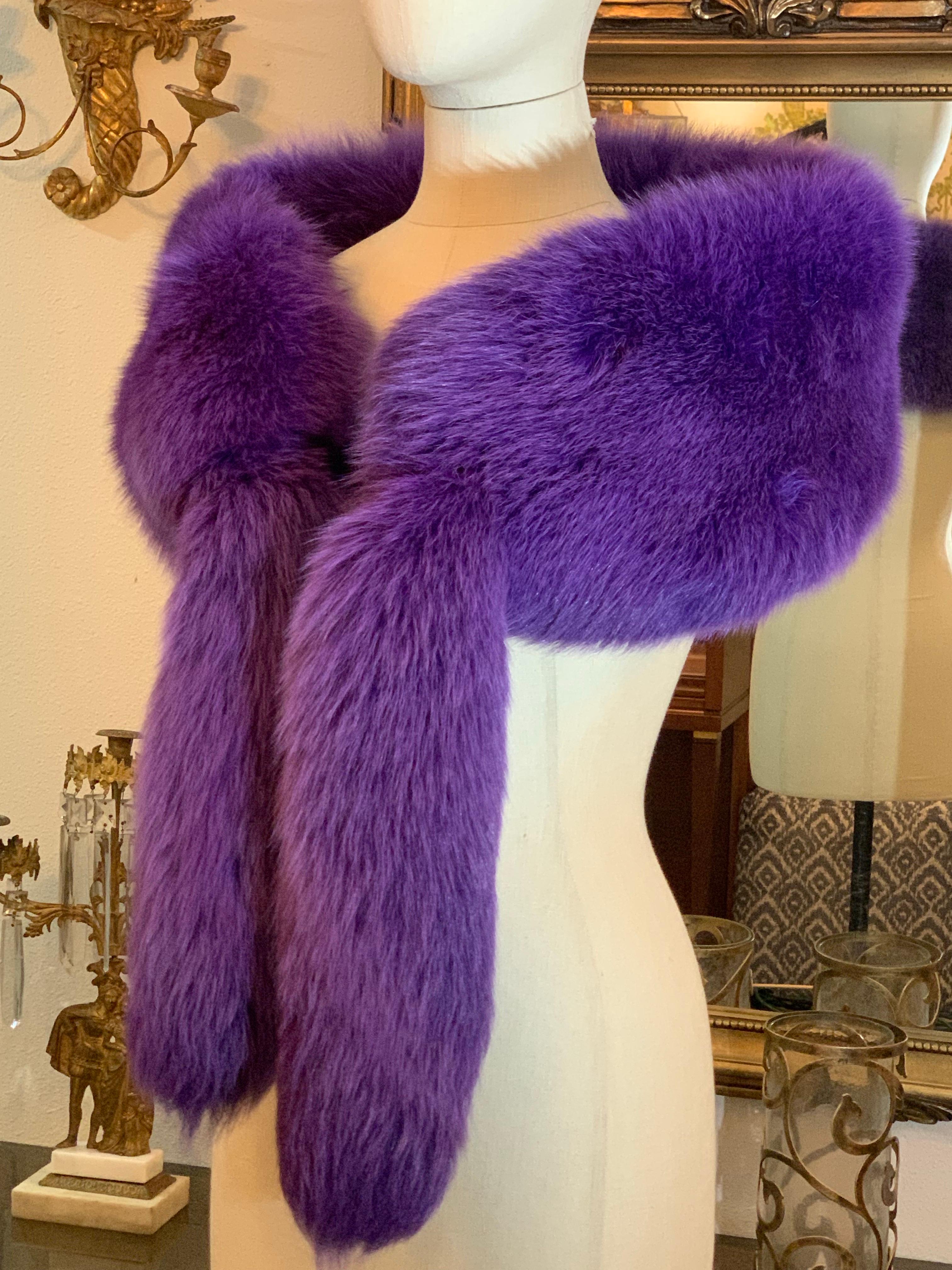 Custom-Made 1990s Valentino Large Regal Purple Dyed Fox Fur Fling w Fox Tails 3