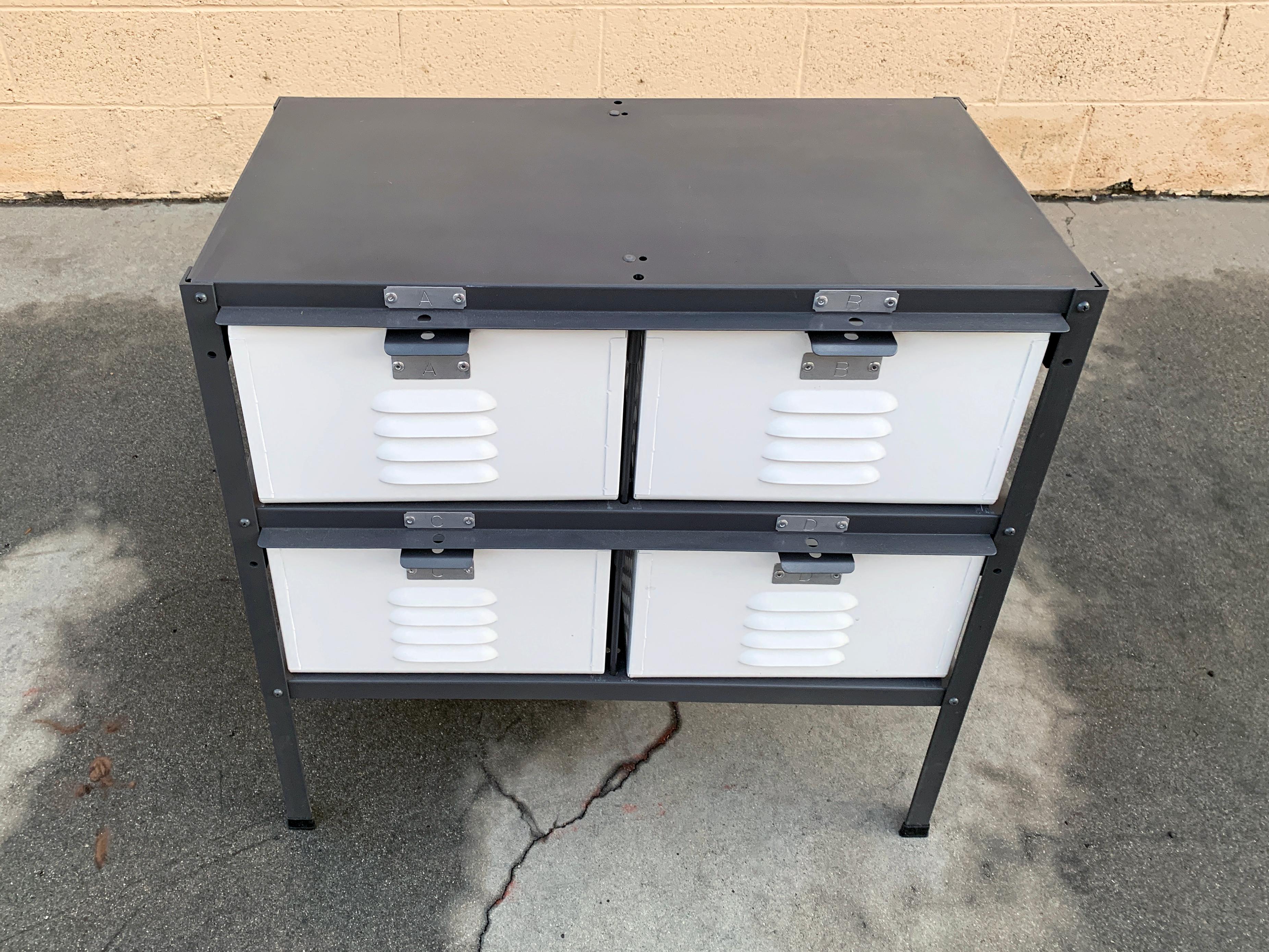 Our all new, custom fabricated 2 wide x 2 high locker basket unit is inspired by those of the 1950s and 1960s. Made to order in a range of fun colors and practical configurations. As pictured powder coated color include: WHITE (WH12) baskets in a