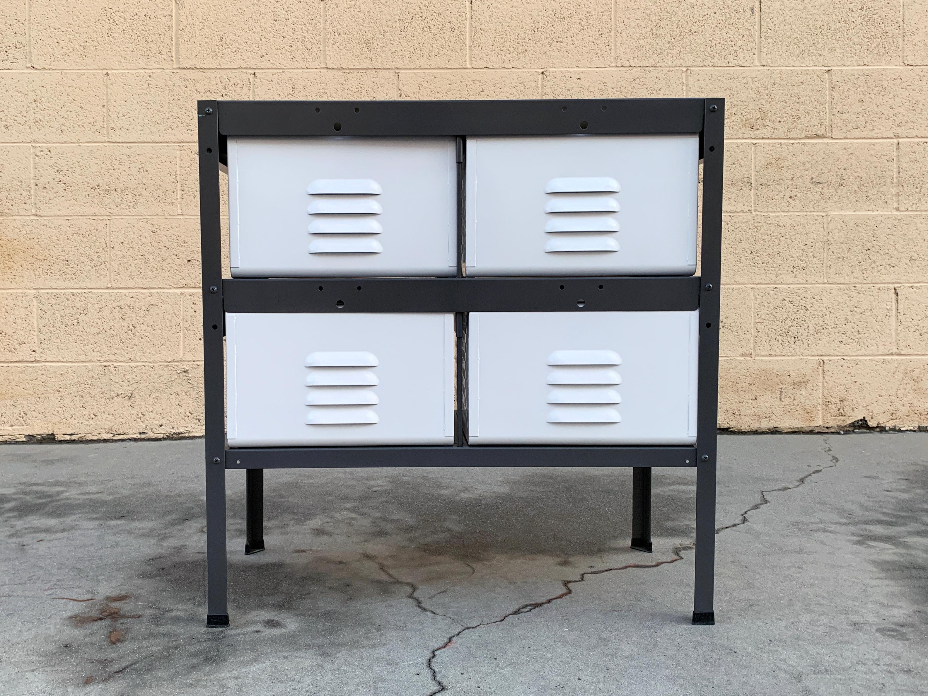 American Custom Made 2 x 2 Locker Basket Unit in Gloss White and Natural Steel For Sale