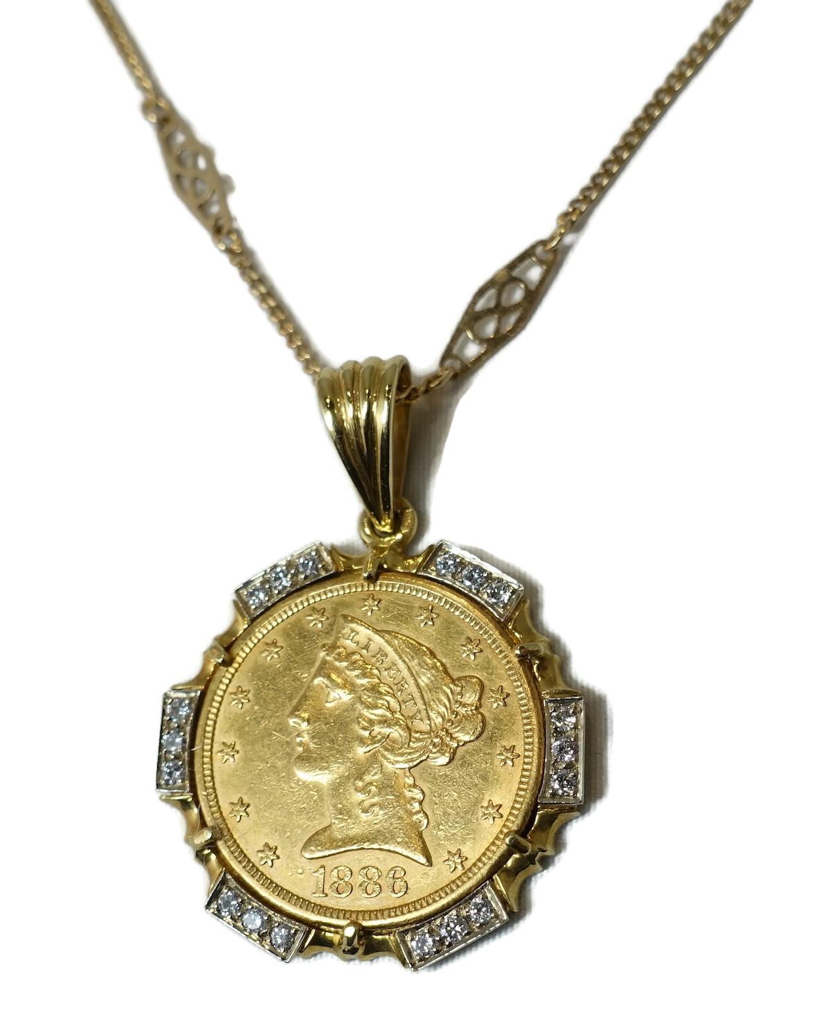 Custom-Made 22kt 1886 Coin, 3/4ct Diamonds, 14kt Gold Deco Chain Necklace In Good Condition In New York, NY