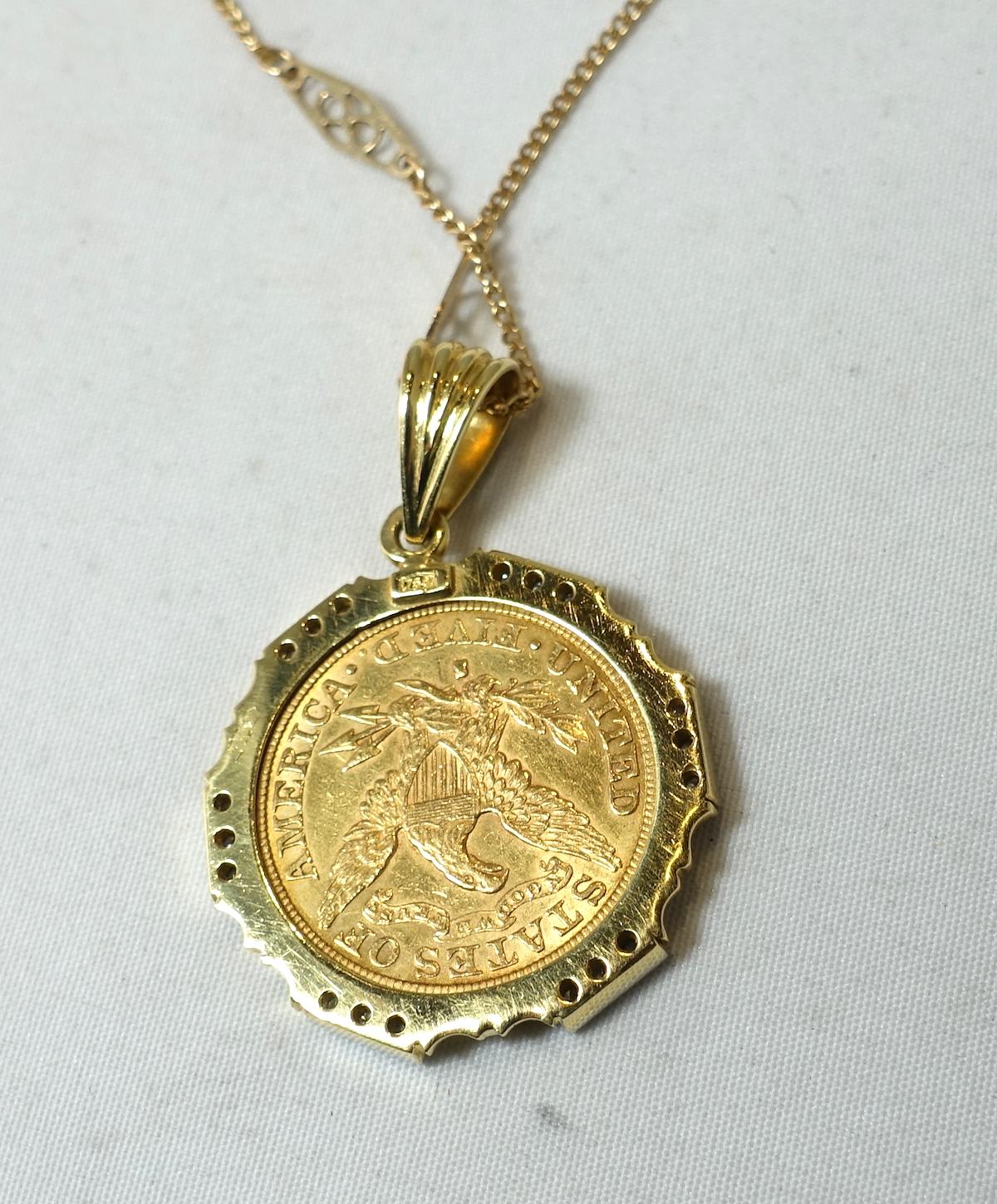 Women's or Men's Custom-Made 22kt 1886 Coin, 3/4ct Diamonds, 14kt Gold Deco Chain Necklace