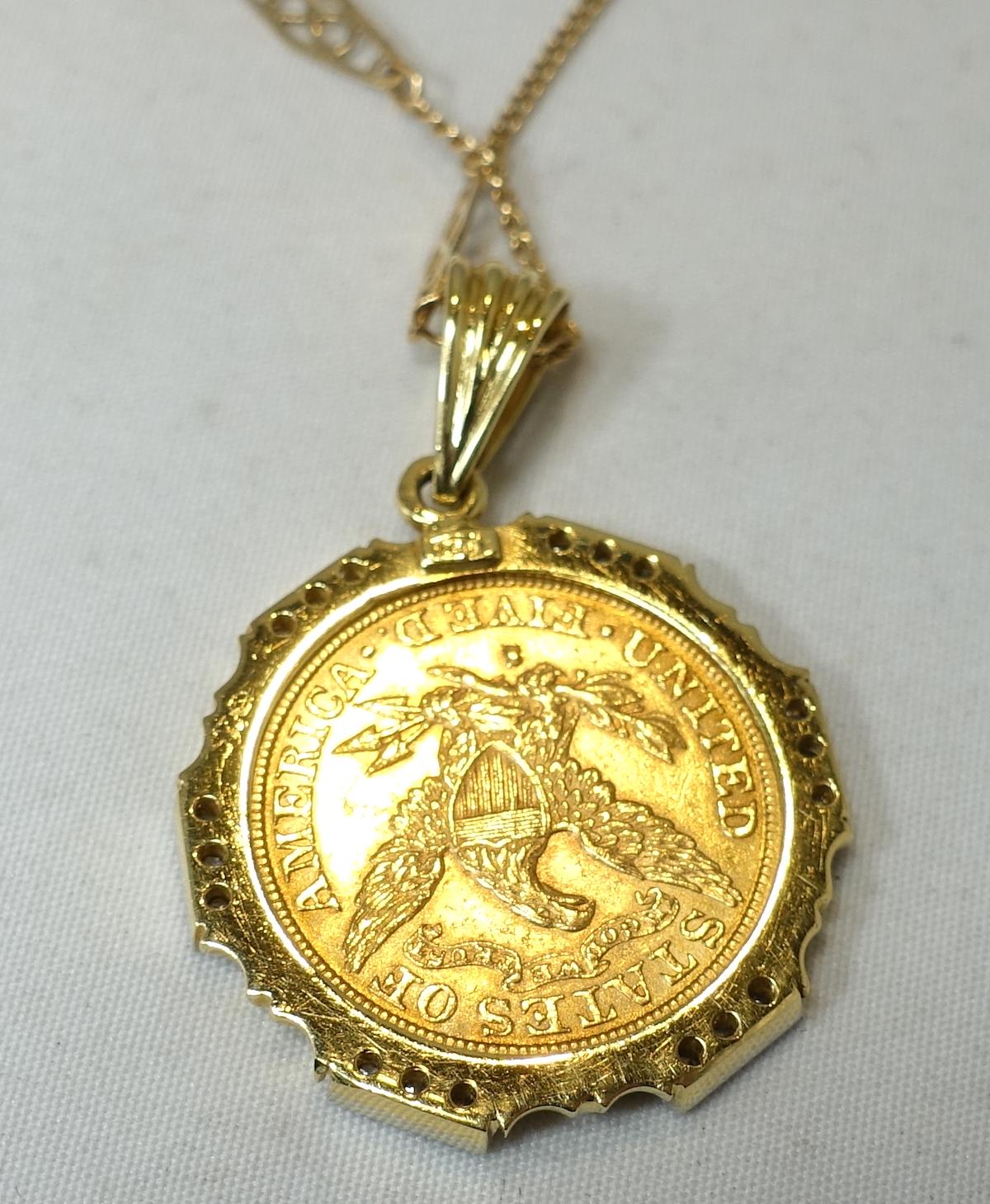 Custom-Made 22kt 1886 Coin, 3/4ct Diamonds, 14kt Gold Deco Chain Necklace 1