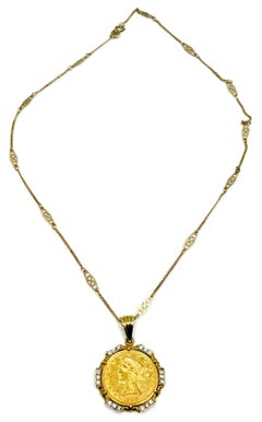 Custom-Made 22kt 1886 Coin, 3/4ct Diamonds, 14kt Gold Deco Chain Necklace
