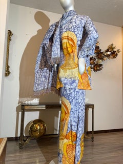 Custom-Made 3-Piece Tunic Skirt & Wrap w Burmese Portrait Print & Bead Work