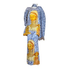 Custom-Made 3-Piece Tunic Skirt & Wrap w Burmese Portrait Print & Bead Work