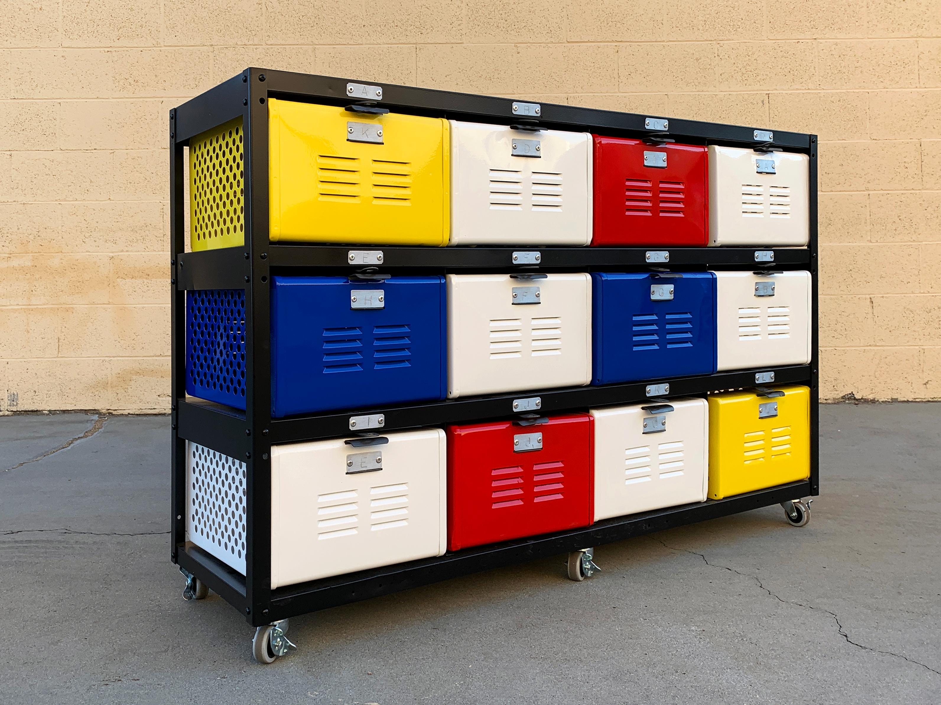 Return policy: This is a custom made piece. All sales final on custom orders and custom fabrications.

Custom made 4 x 3 locker basket unit featuring locking casters. Piet Mondrian color scheme!

Our all new, custom fabricated 4 wide x 3 high