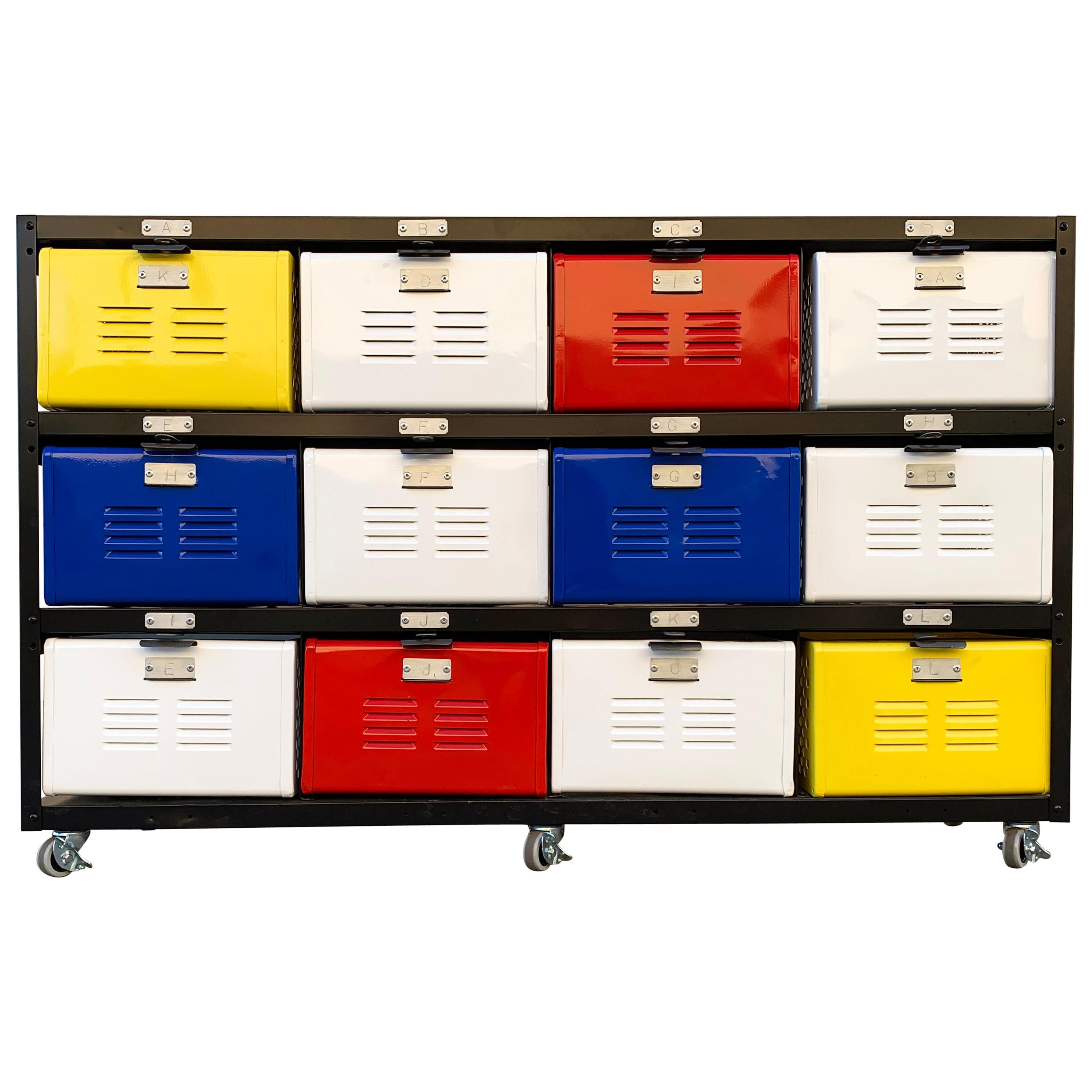 Custom Made 4 X 3 Locker Basket Unit on Casters with Multicolored Drawers For Sale
