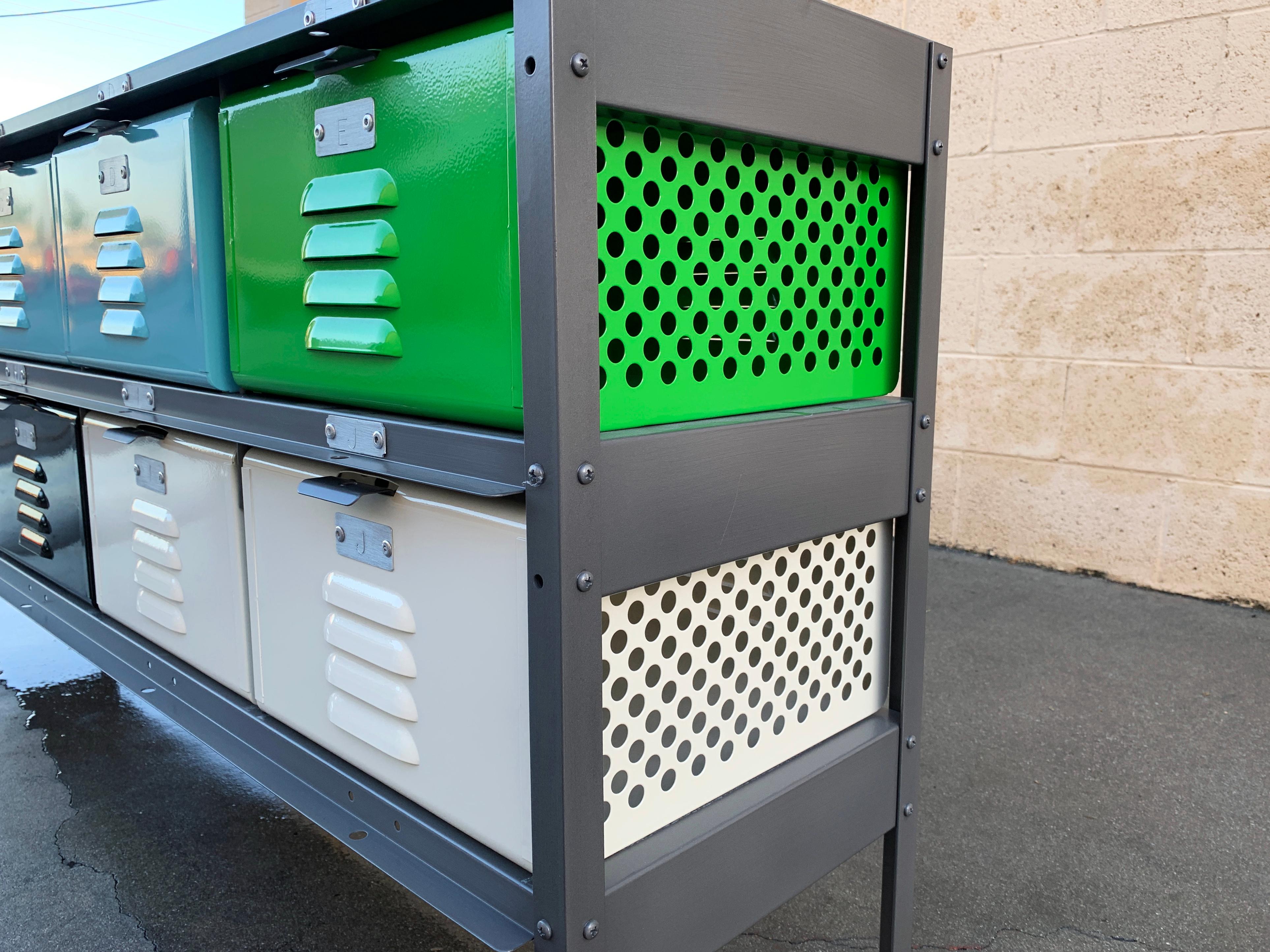 Our all new, custom fabricated 5 wide x 2 high locker basket unit is inspired by those of the 1950s and 1960s. Made to order in a range of fun colors and practical configurations. As pictured basket gloss colors include: Peach (RAL3012), Lime