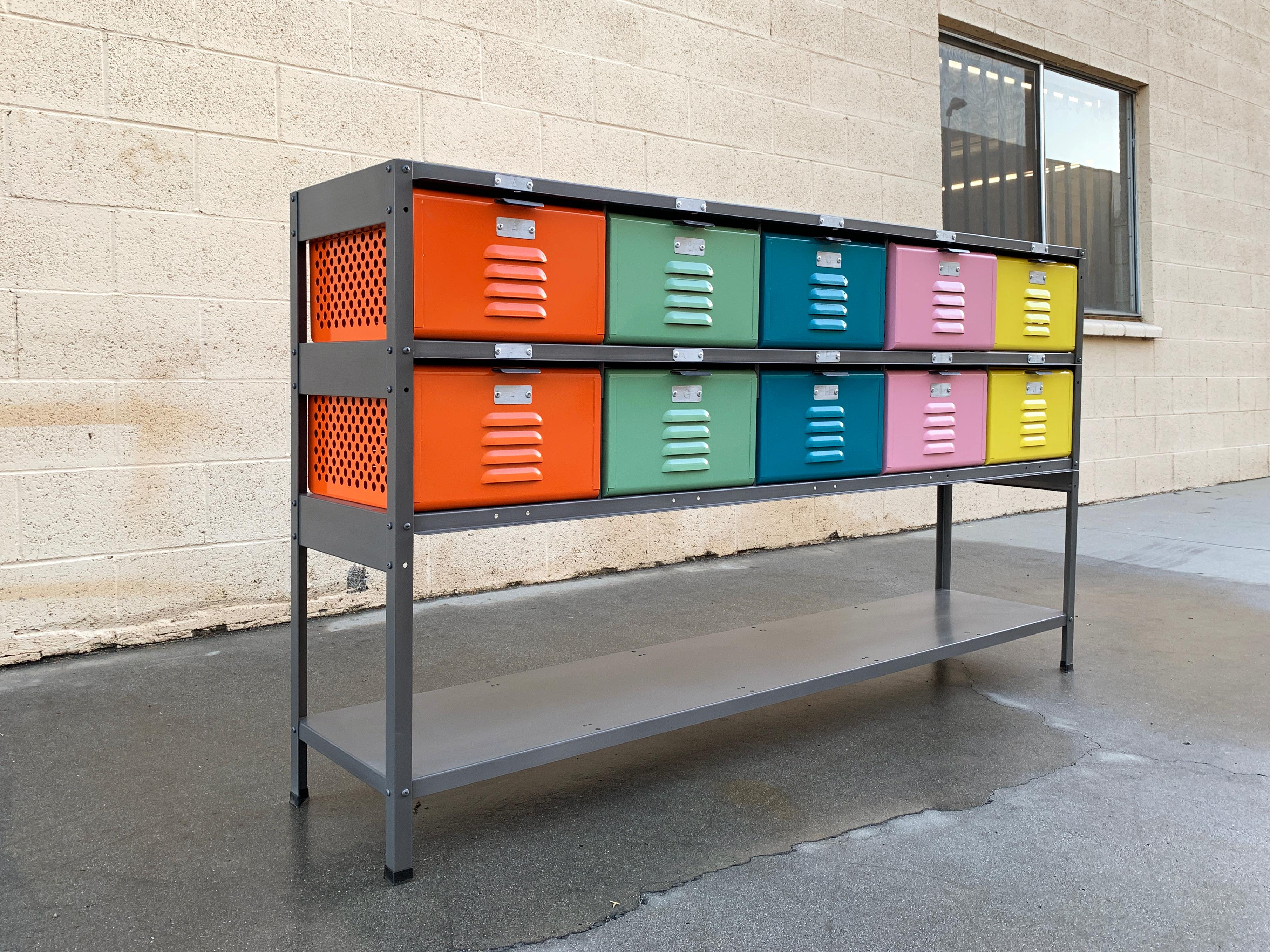 Custom made 5 x 2 locker basket unit with extra display/ storage shelf.

Our all new, custom fabricated 5 wide x 2 high locker basket unit is inspired by those of the 1950s and 1960s. Made to order in a range of fun colors and practical