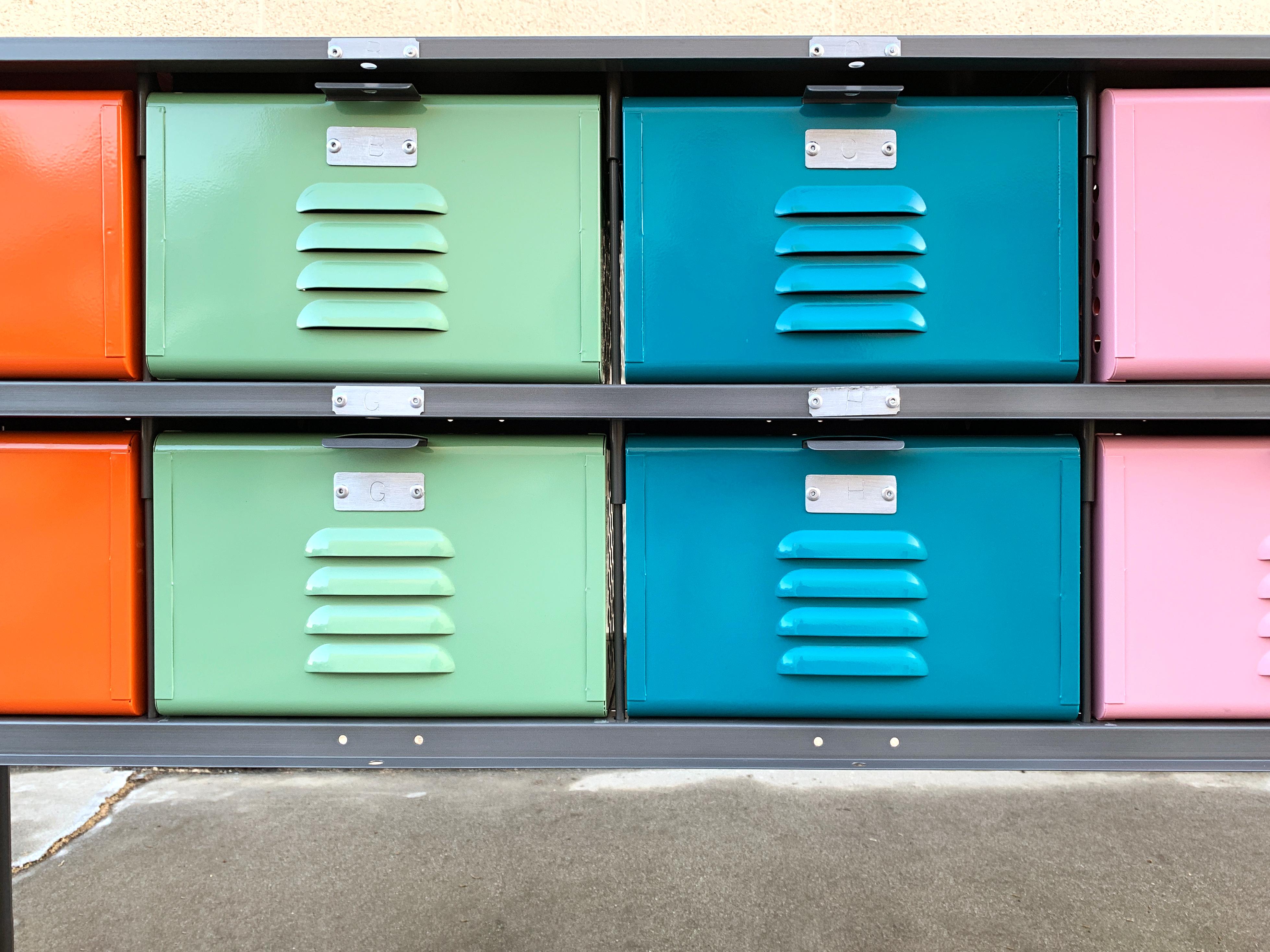 Mid-Century Modern Custom Made Locker Basket Unit with Multicolored Drawers and Shelf For Sale