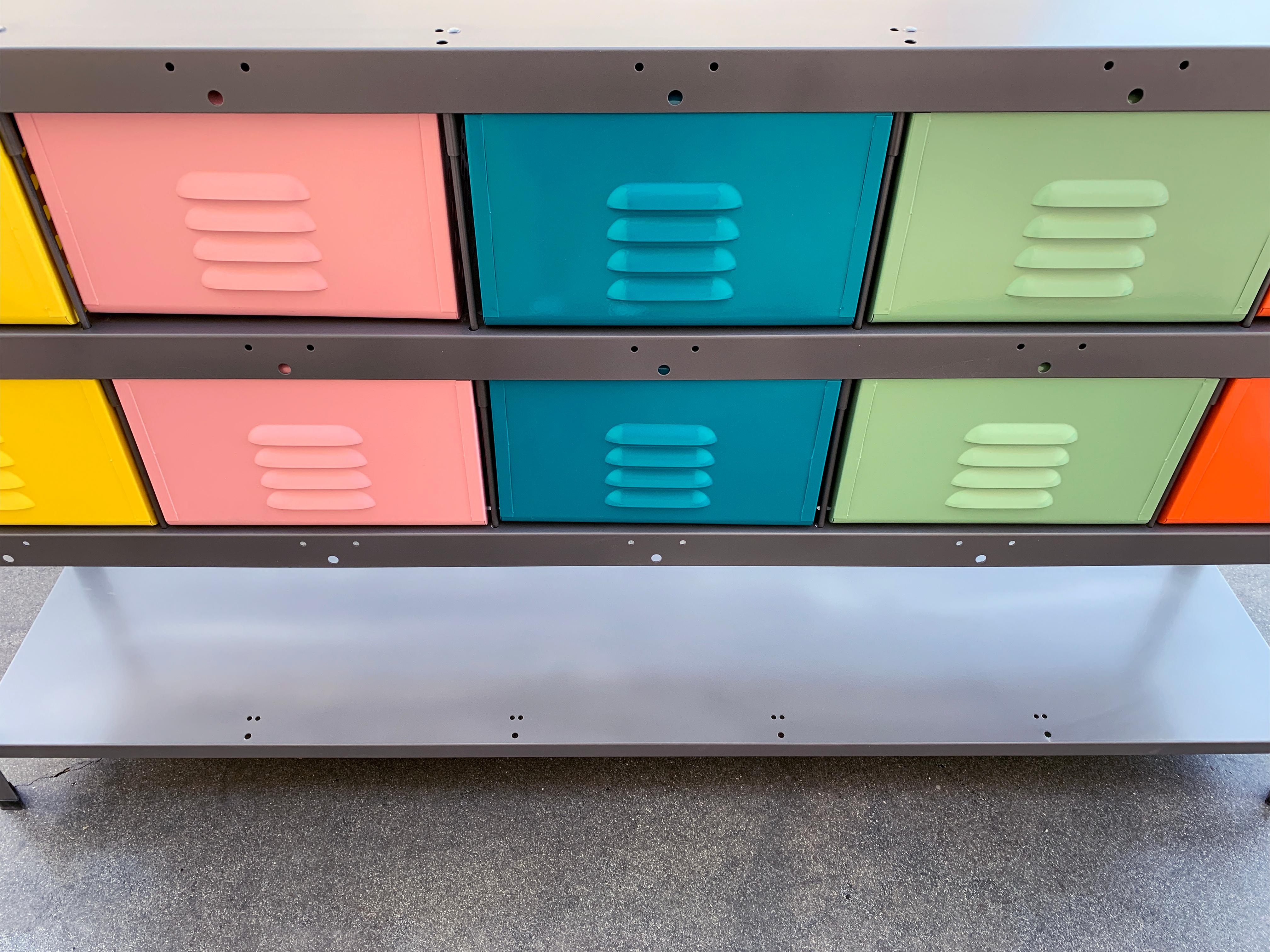 Powder-Coated Custom Made Locker Basket Unit with Multicolored Drawers and Shelf For Sale