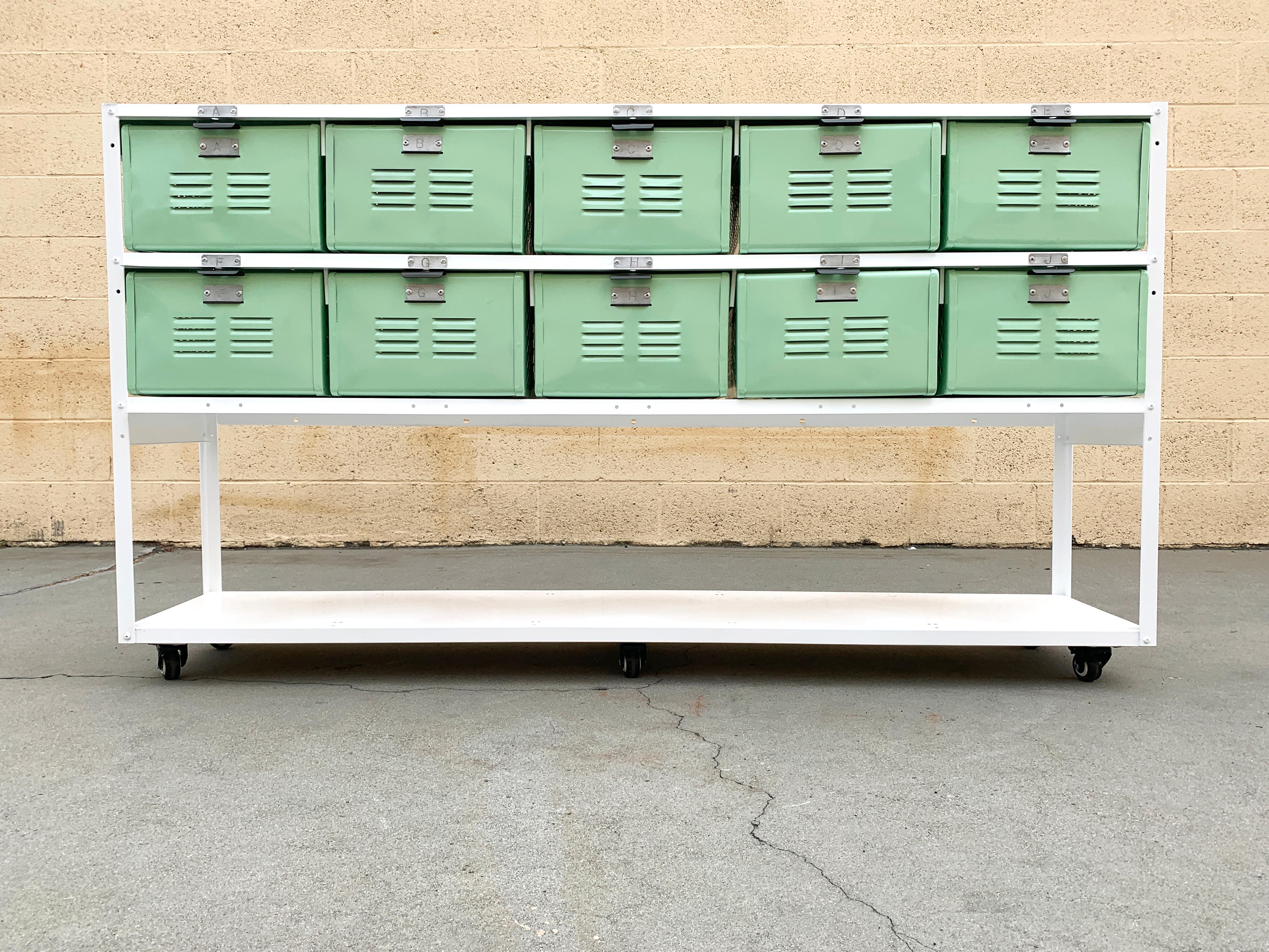 Return policy: This is a custom made piece. All sales final on custom orders and custom fabrications.

Custom made 5 x 2 locker basket unit designed with an open shelf and locking casters. Ideal for storing shoes or for open display. Our all new,