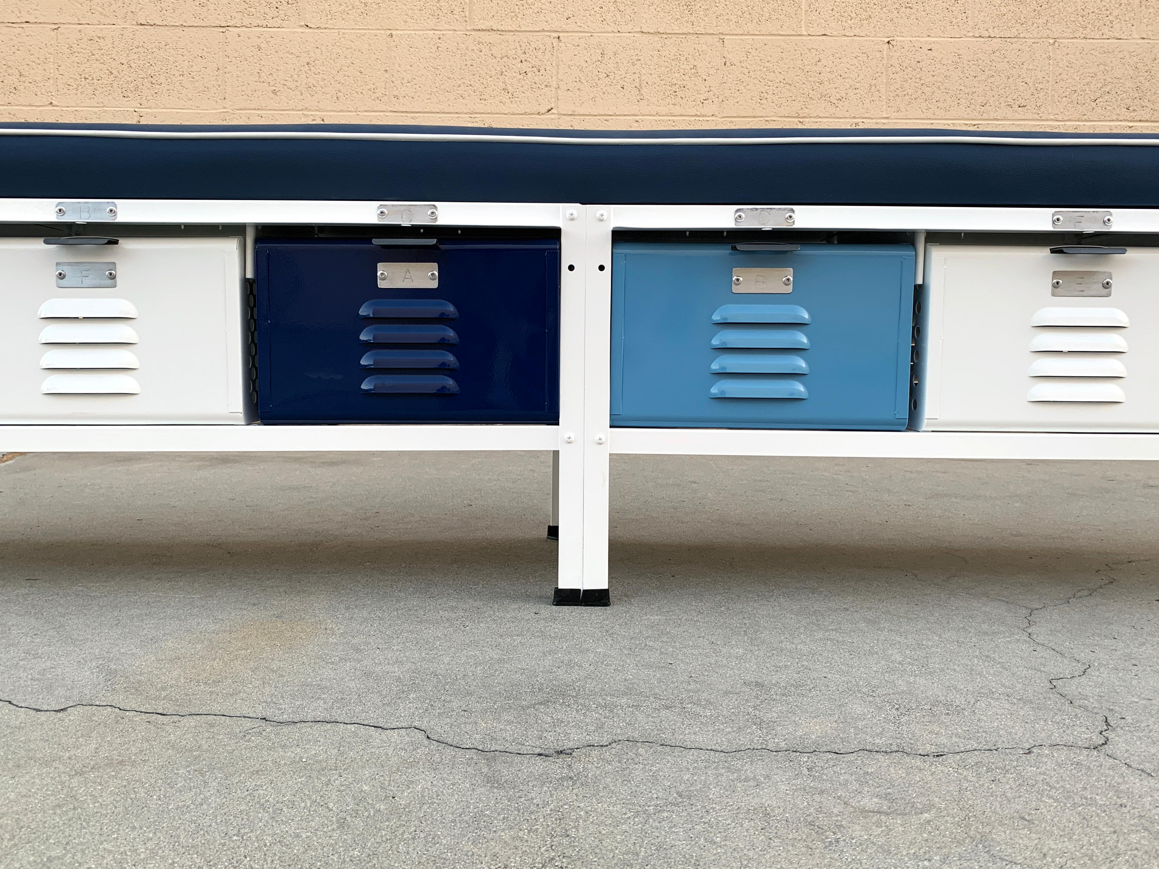Powder-Coated Custom Made 6 X 1 Locker Basket Unit with Padded Seat in Blues and White For Sale